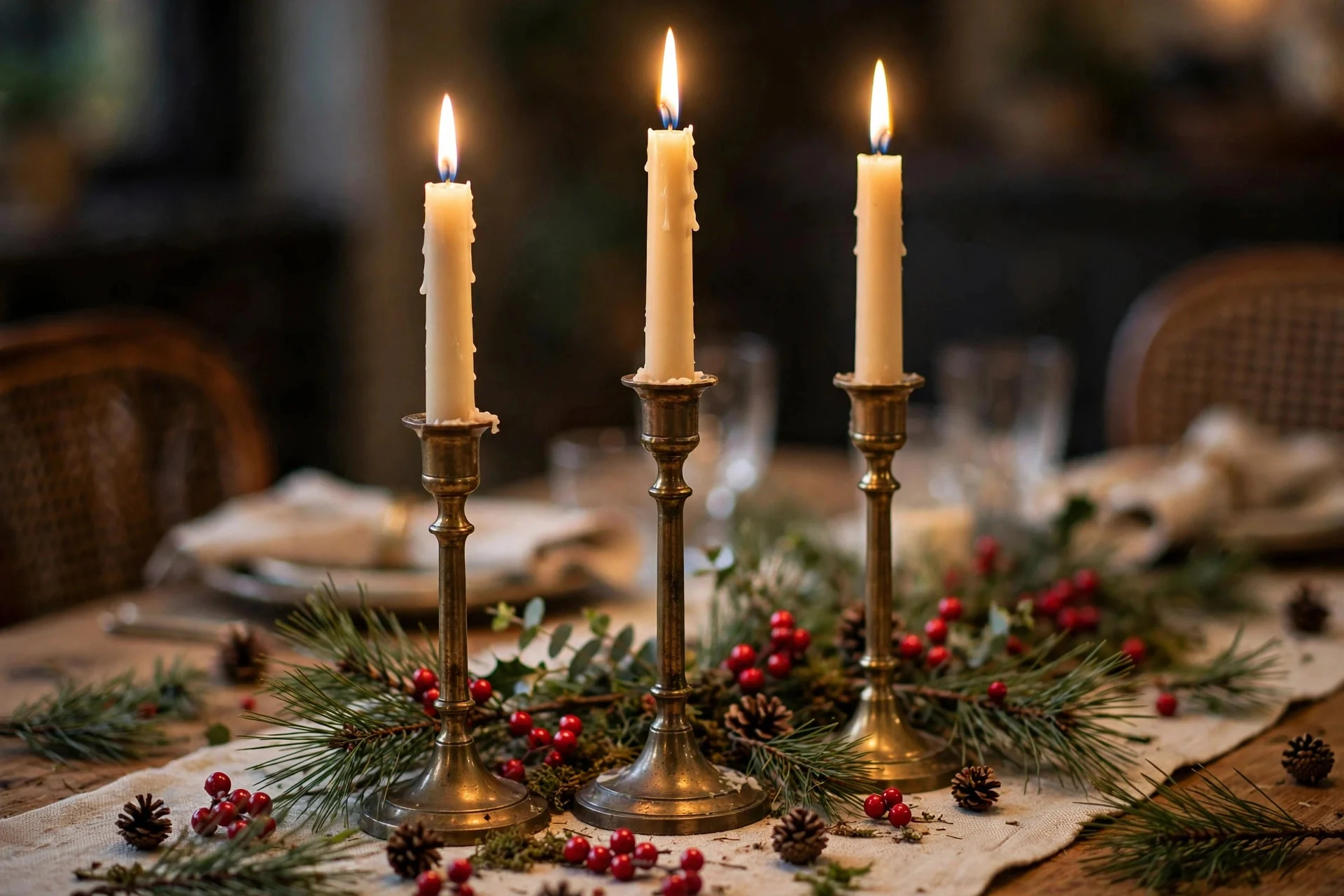 Tall brass candlesticks with cream taper candles as a Christmas dining table centerpiece