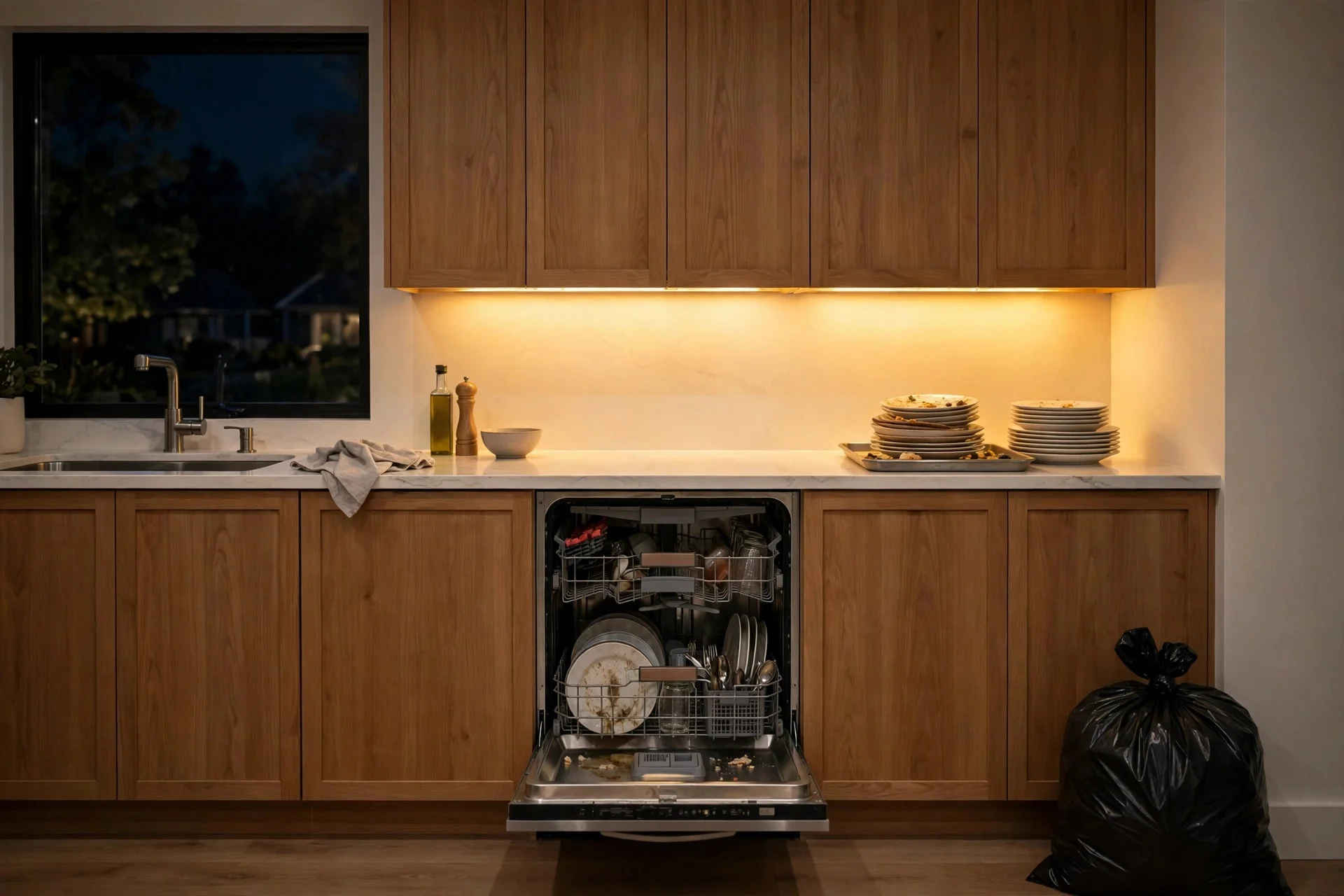 Tidy kitchen at night with a loaded dishwasher and labeled trash bags ready