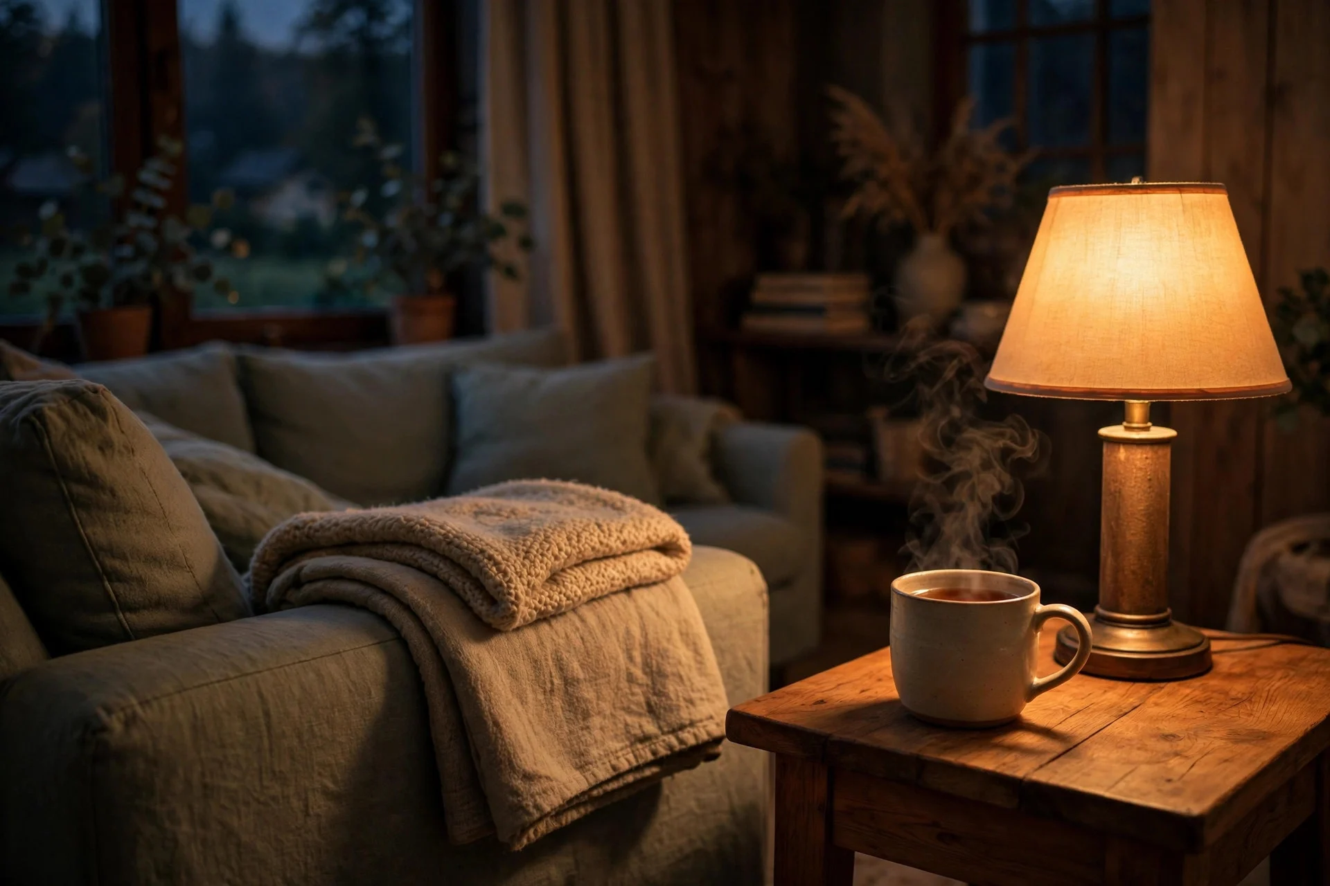 Steaming mug of tea on a side table beside a glowing lamp in a dim warm living room