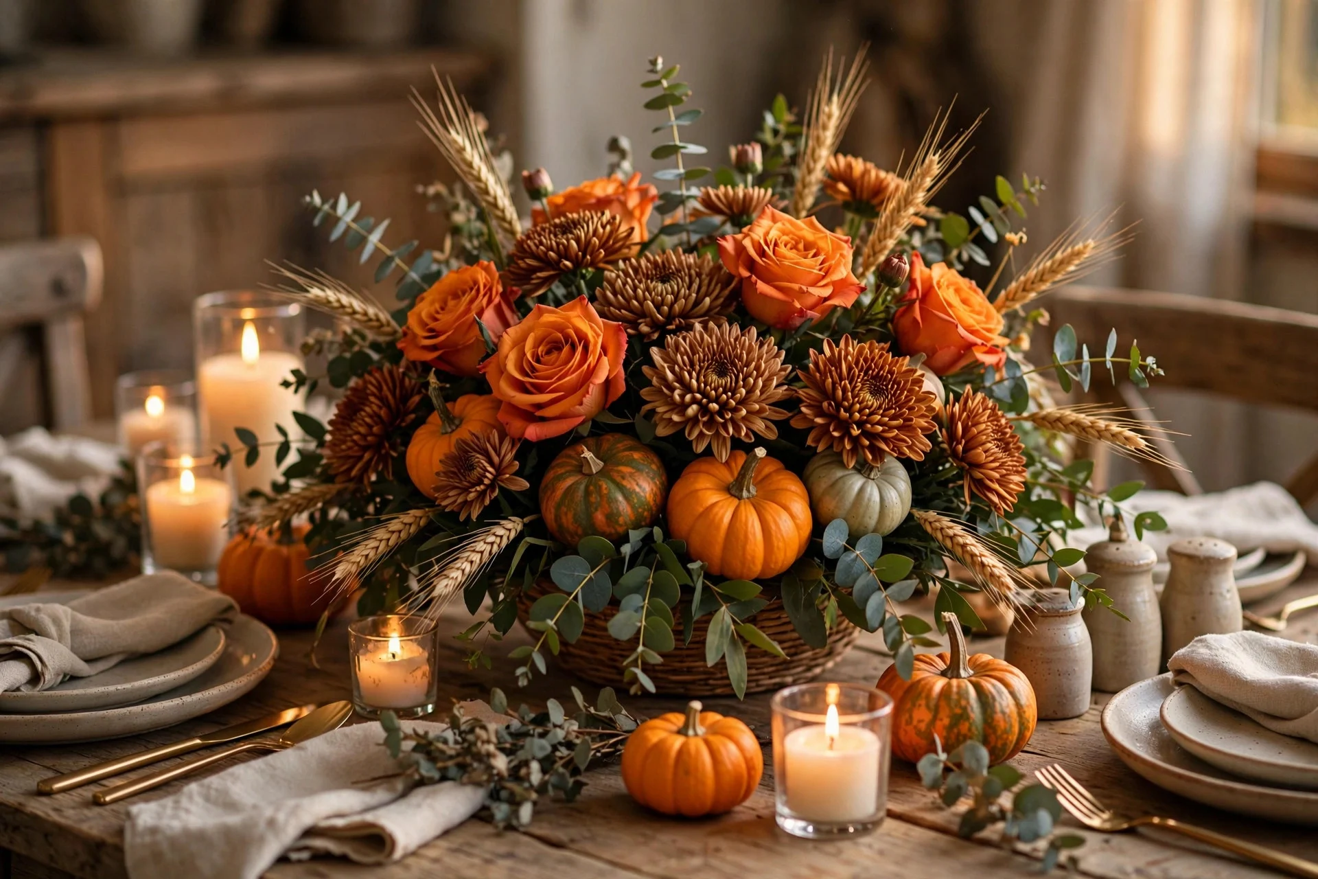 Finished Thanksgiving flower centerpiece on a dining table with candles and place settings