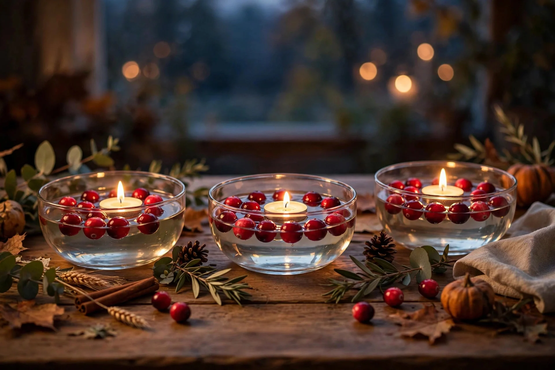 Low glass bowls with floating cranberries and lit tea lights as Thanksgiving table decor