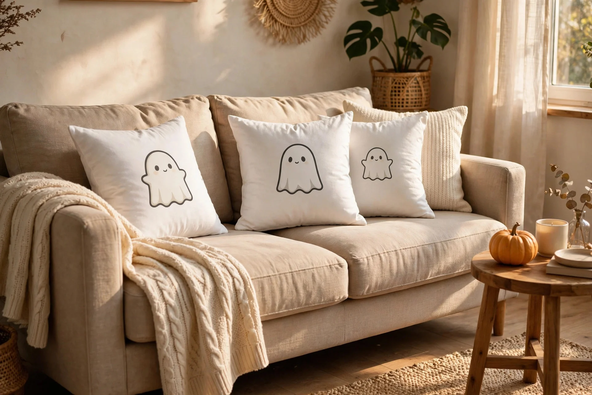 A cozy living room sofa with white and cream throw pillows printed with cute ghost designs