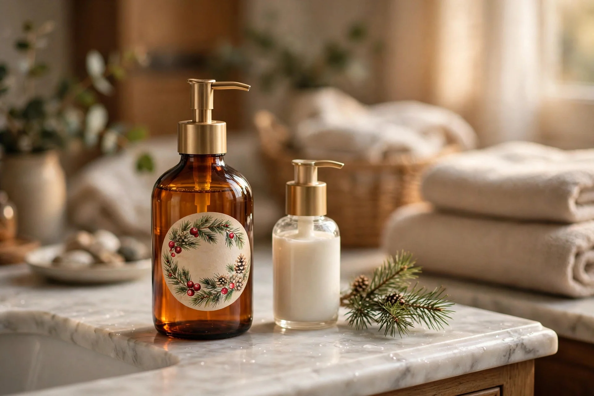Holiday-scented soap dispenser and lotion bottle with festive label on a bathroom counter