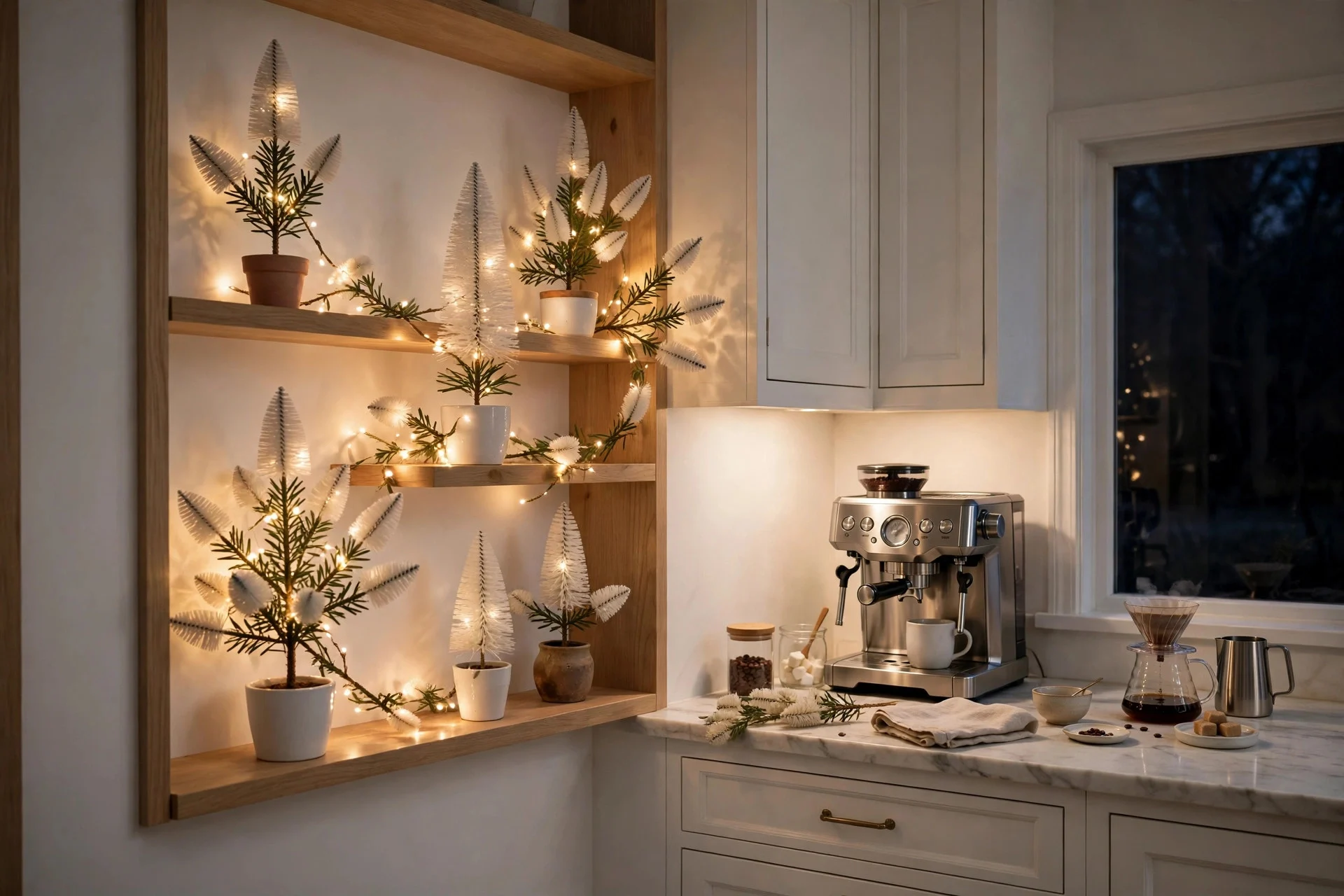 White kitchen counter with a row of small lit bottlebrush trees glowing softly
