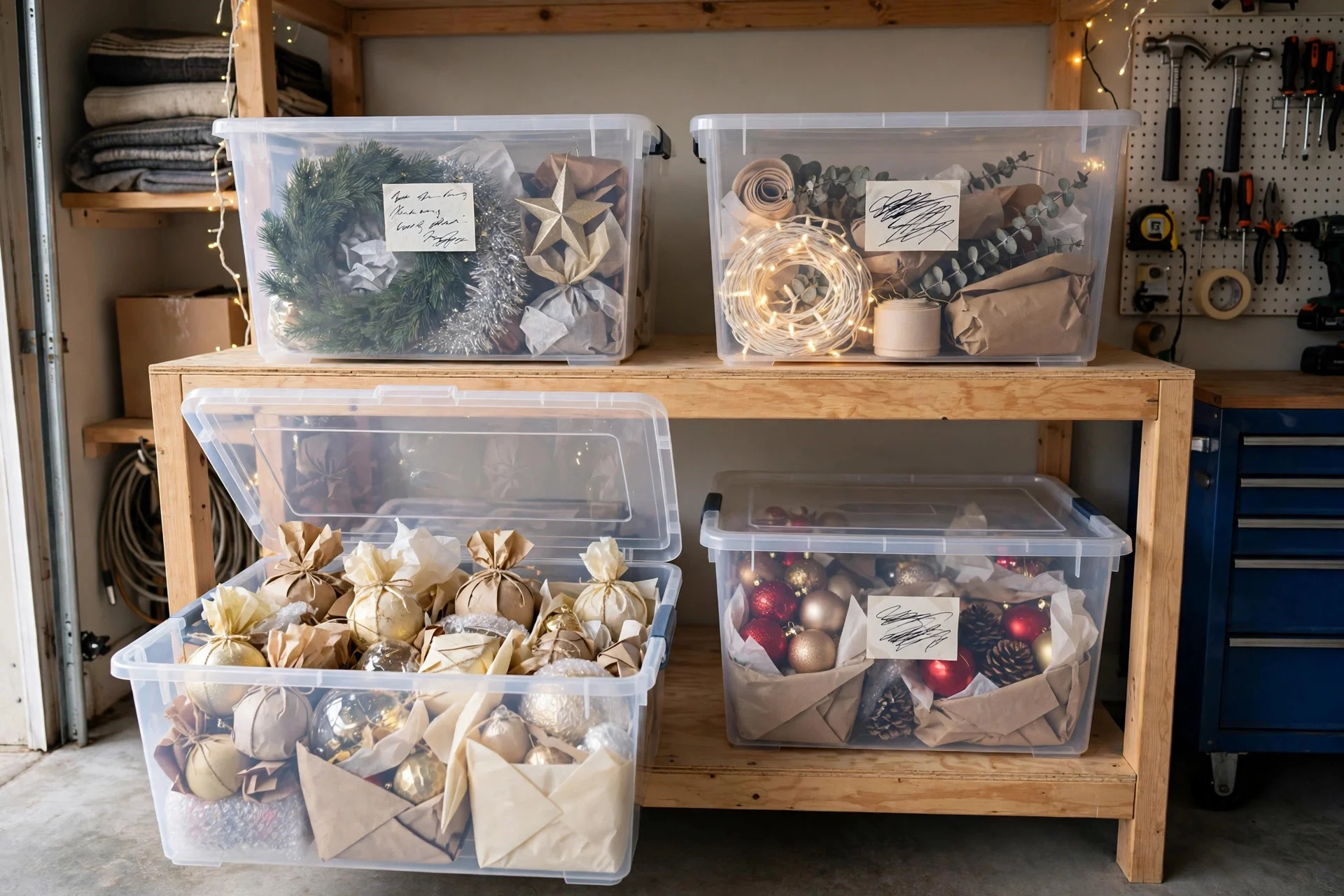 Neatly labeled clear storage bins for Christmas decorations in a garage