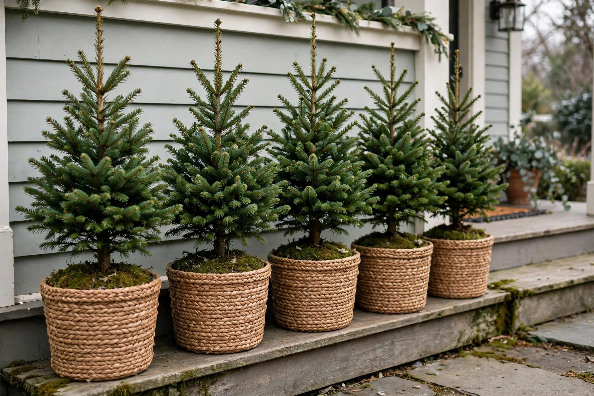 Small potted Christmas trees in woven seagrass baskets arranged on porch steps