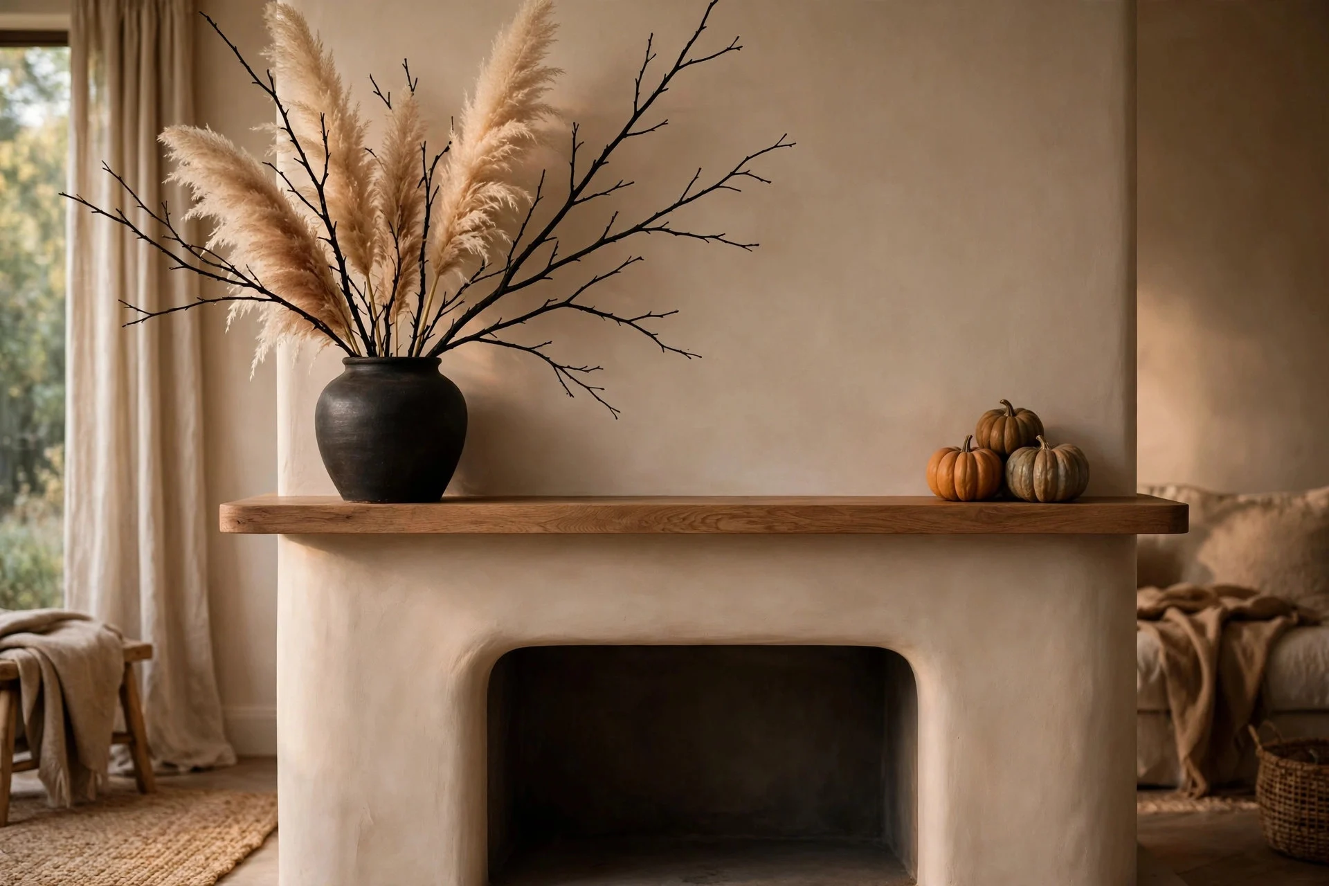 Black vase with pampas grass and black branches on one mantel end, pumpkins on the other