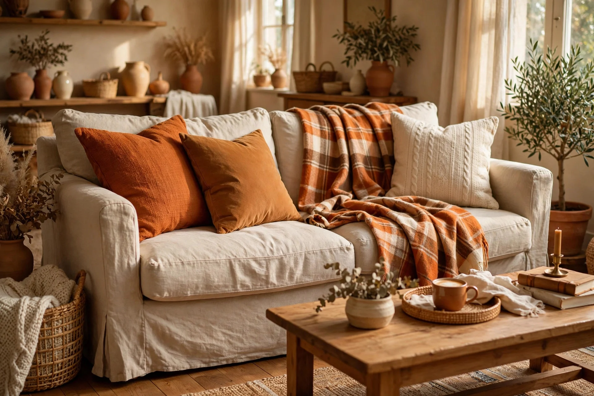 Sofa with burnt orange, caramel and cream throw pillows replacing Halloween-themed accents
