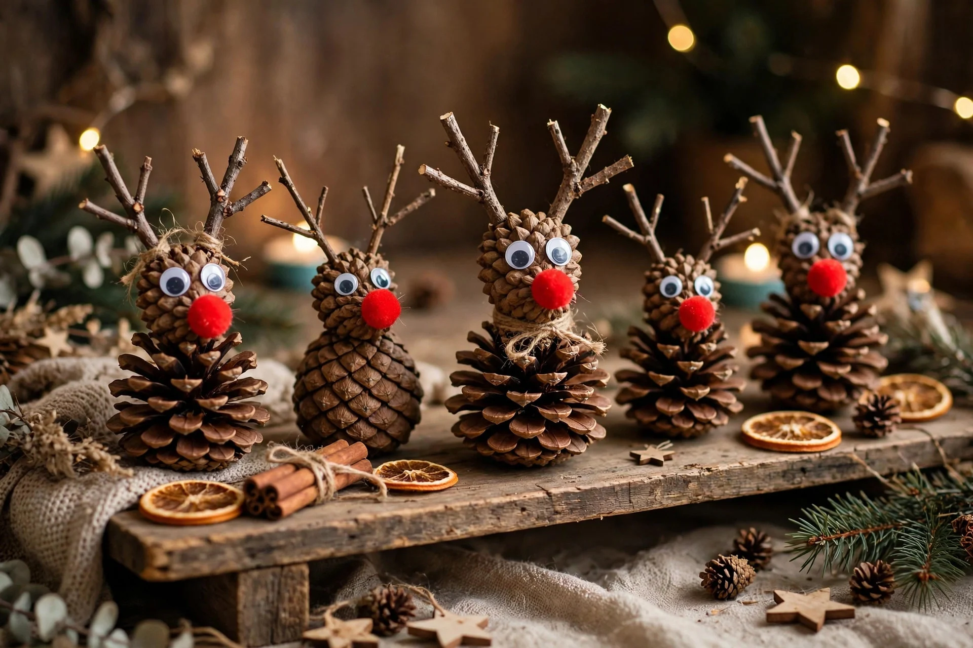 Pinecone reindeer crafts made by children displayed on a wooden shelf
