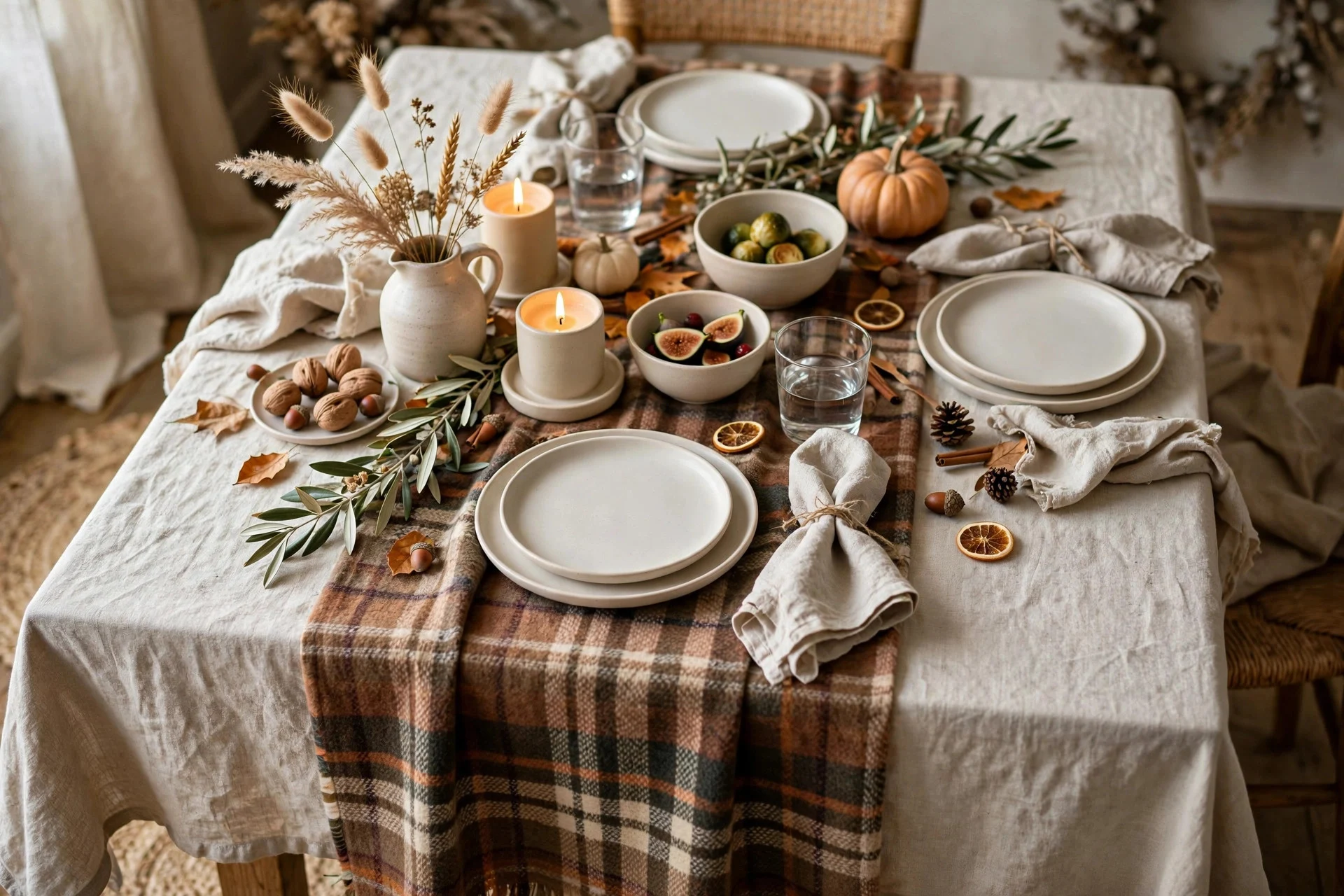 Fall dining table with a plaid wool runner layered over an undyed linen tablecloth, with simple ceramic dishes
