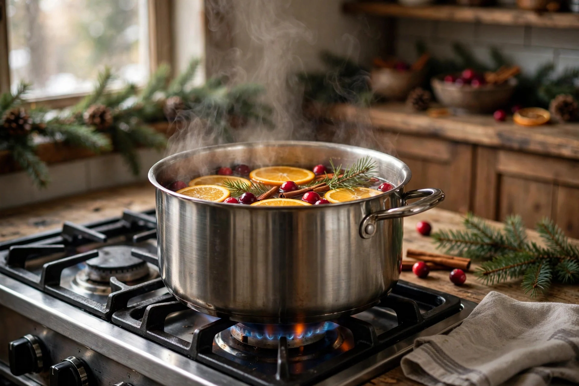 Pot simmering on a gas stove with orange slices, cranberries, cinnamon sticks and pine sprigs
