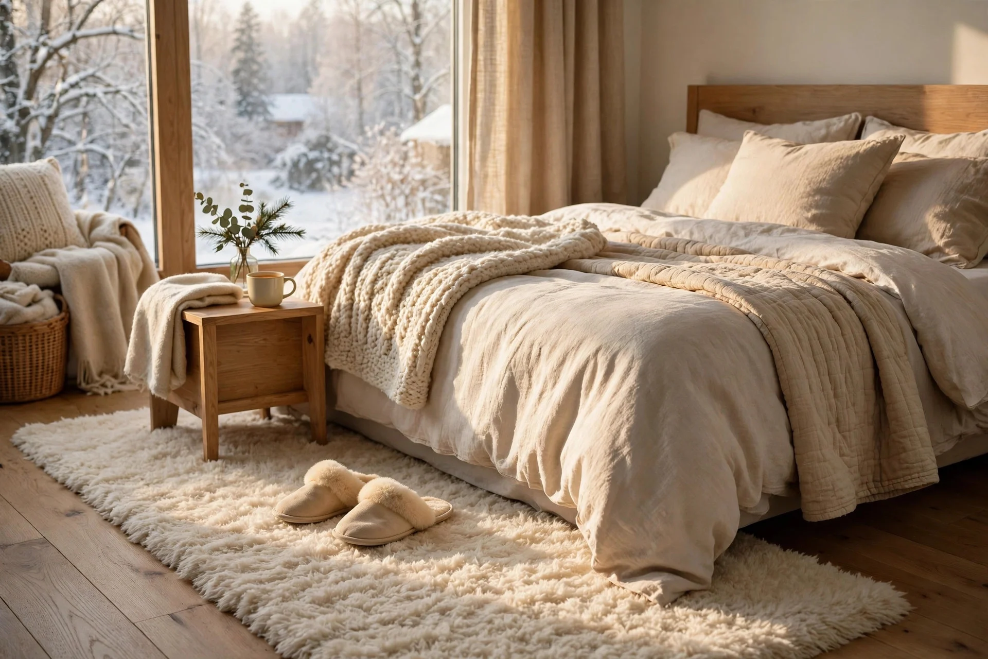 Plush rug beside a bed with slippers on a cold winter morning