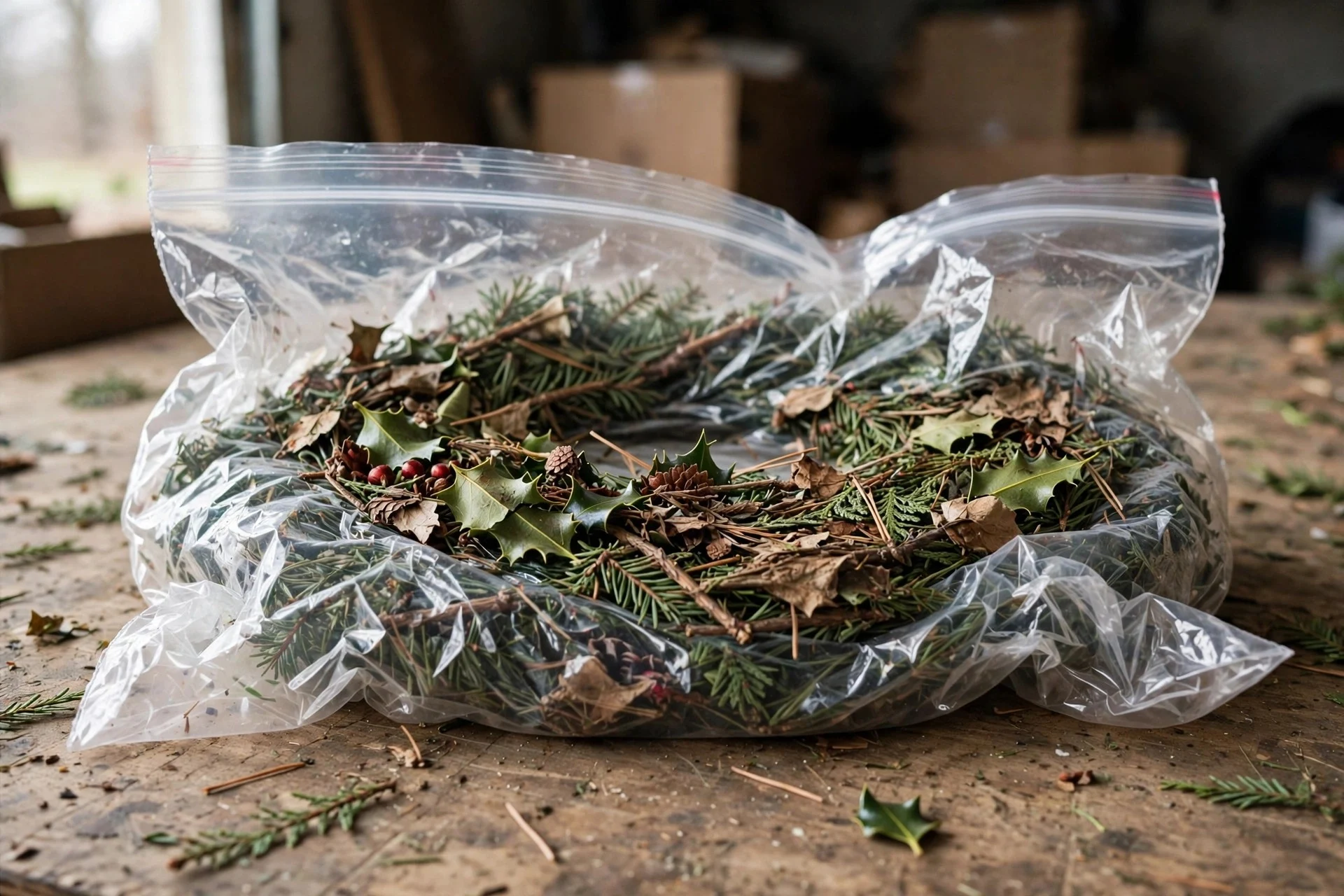 Squashed misshapen Christmas wreath pressed flat inside a too-small storage bag
