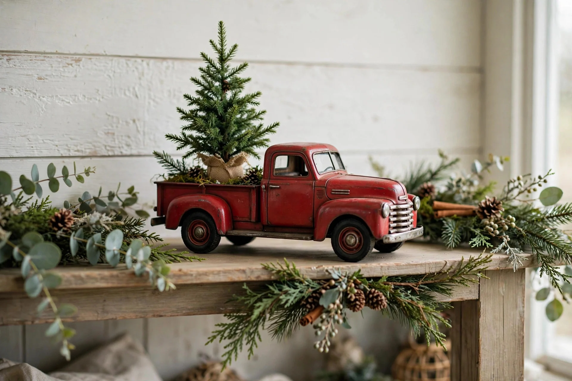 Vintage red toy truck carrying a mini Christmas tree on a farmhouse mantel