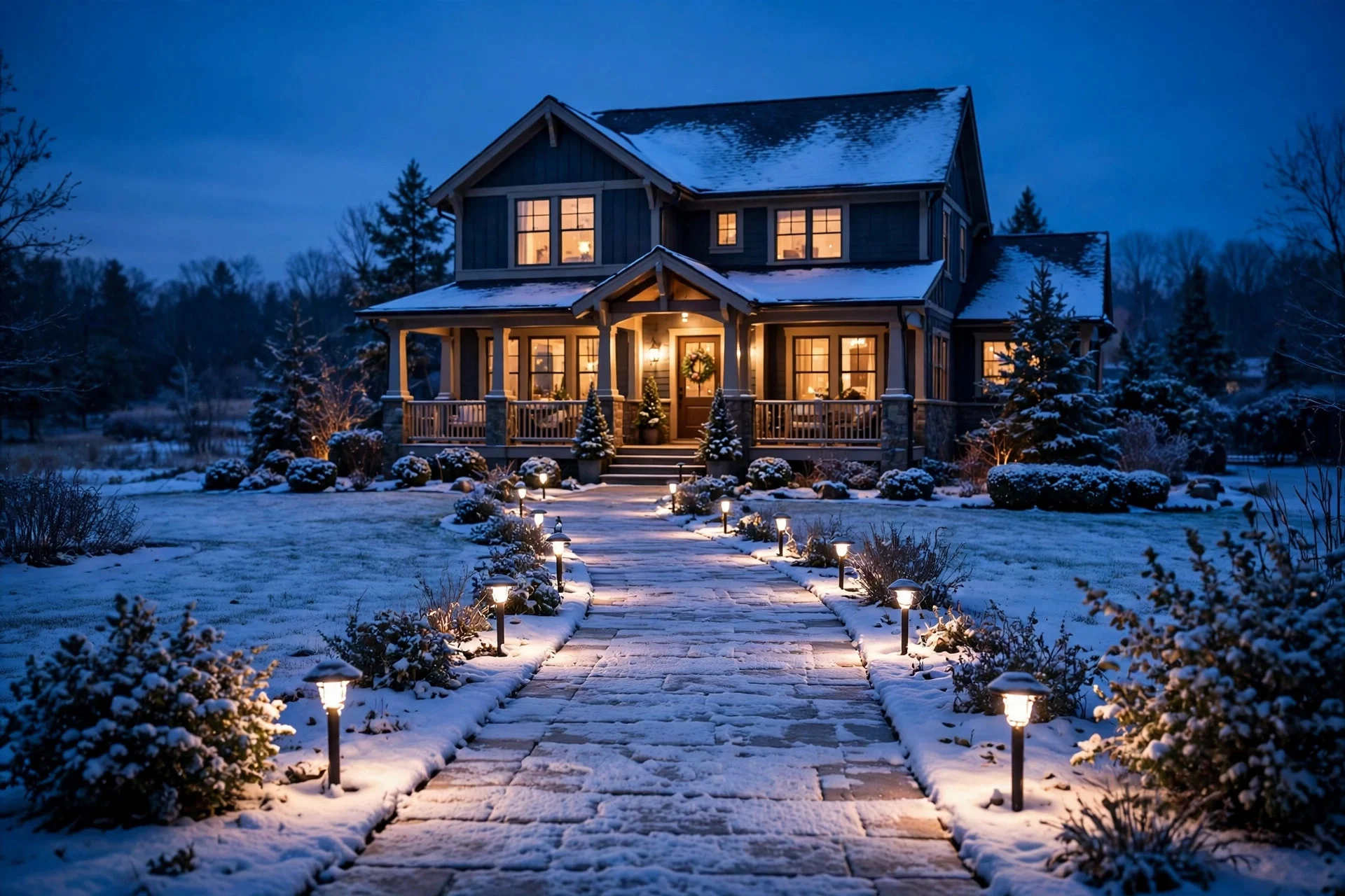 Warm path lights glowing along a snow-dusted front walkway leading to a porch at dusk