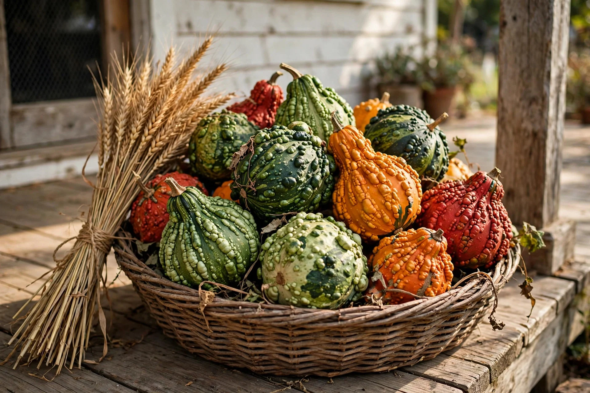 Woven basket filled with warty knucklehead gourds beside a bundle of dried wheat