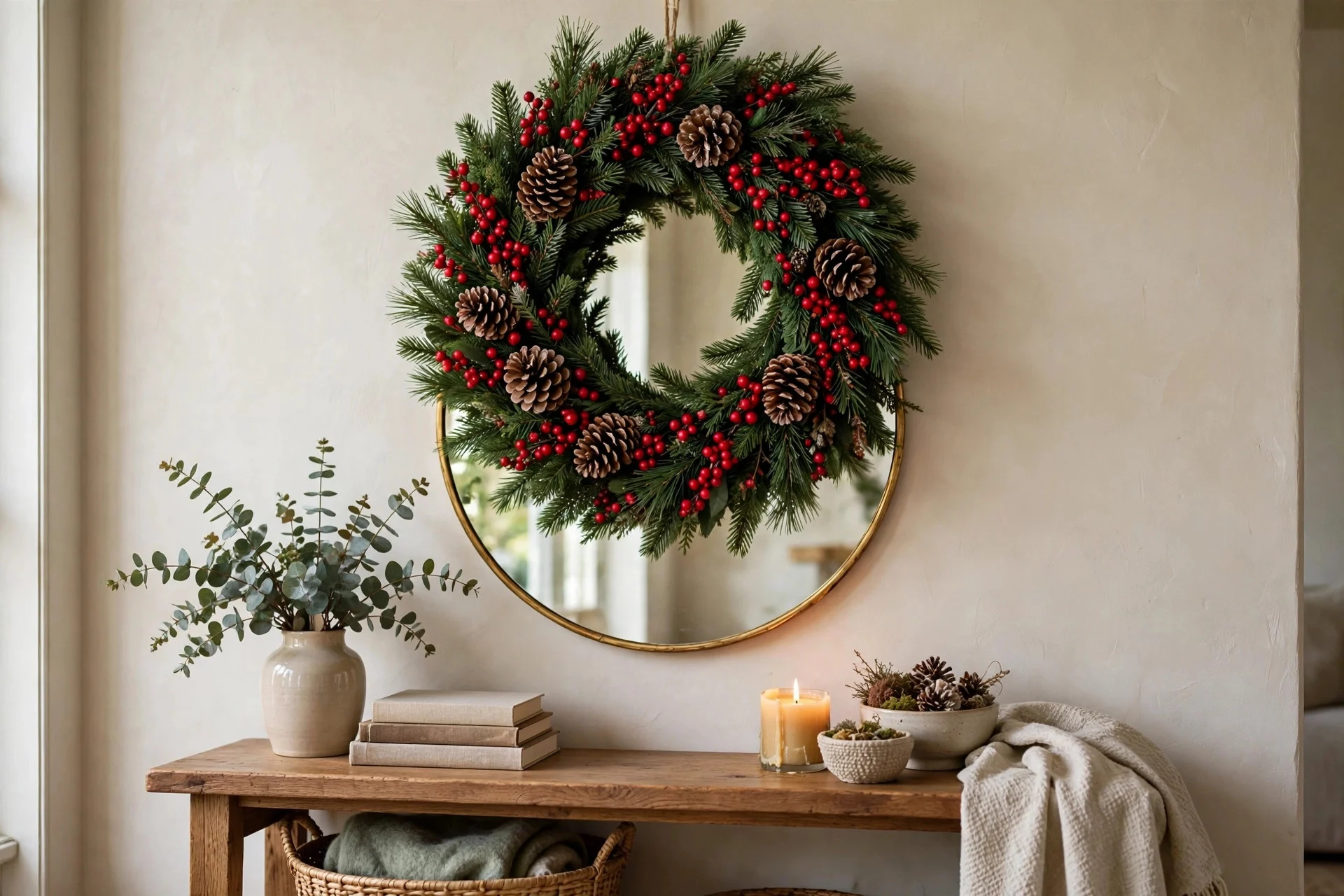 Evergreen wreath with red berries hanging over a round mirror above a Christmas console