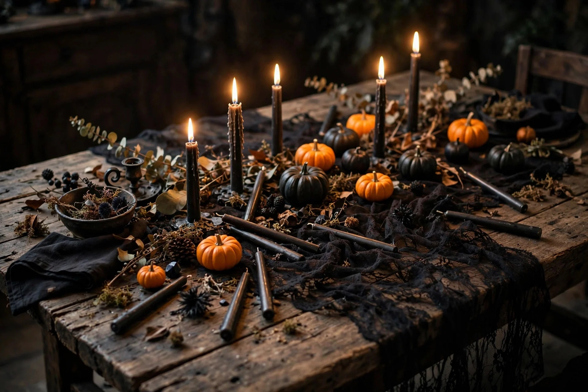 Dining table with black lace runner, dark candles and small pumpkins in warm candlelight