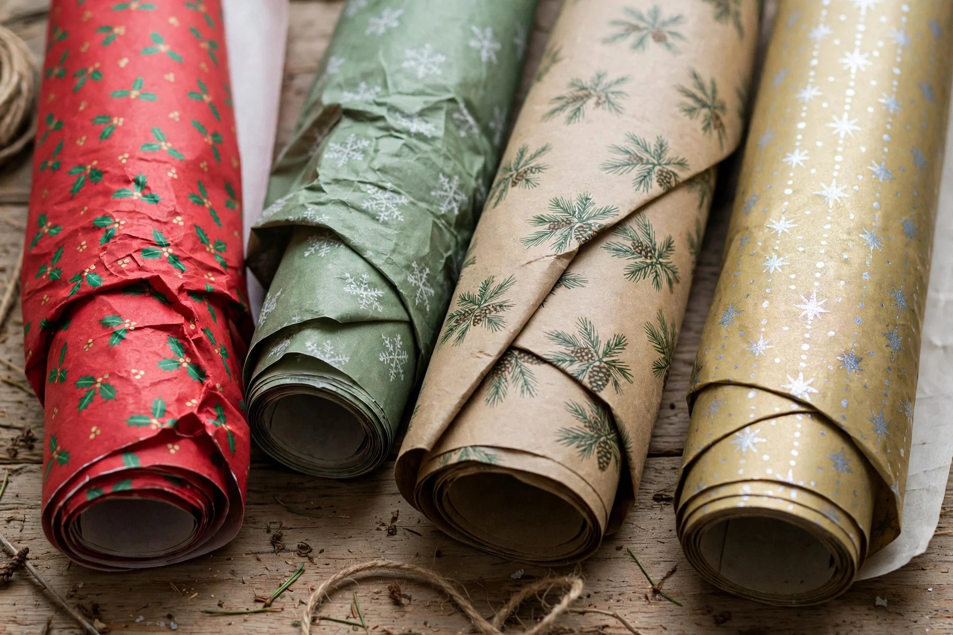 Creased and folded Christmas wrapping paper rolls with permanent fold lines