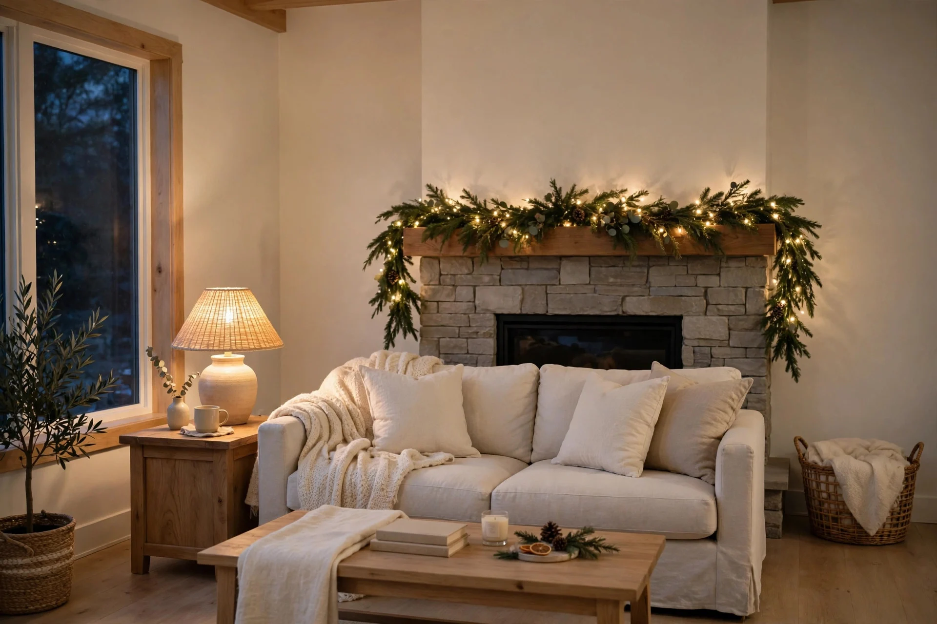 Calm winter living room with neutral textiles, greenery and warm lighting in January