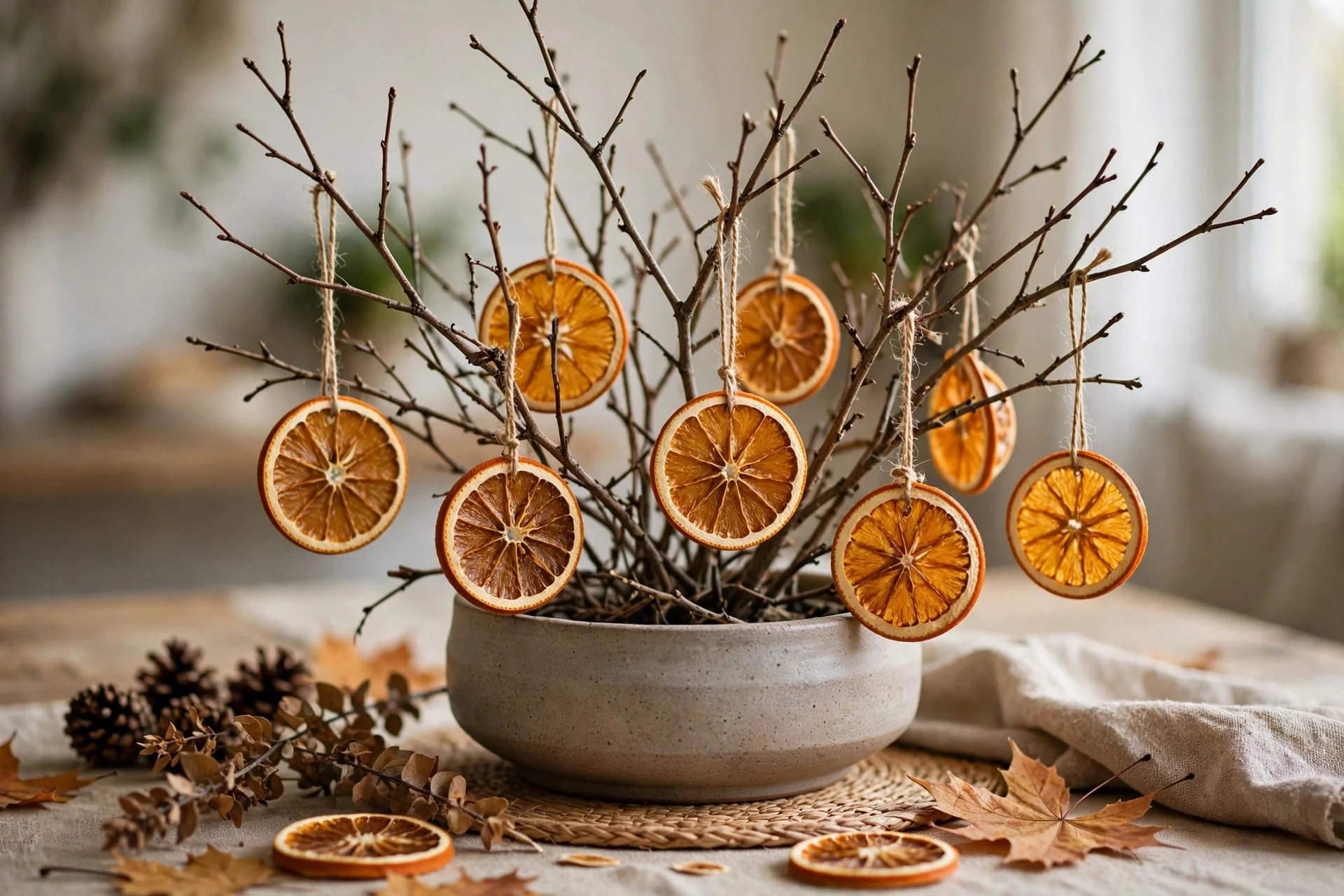 Fall table centerpiece of foraged bare branches with dried orange slices hanging in a low ceramic vase