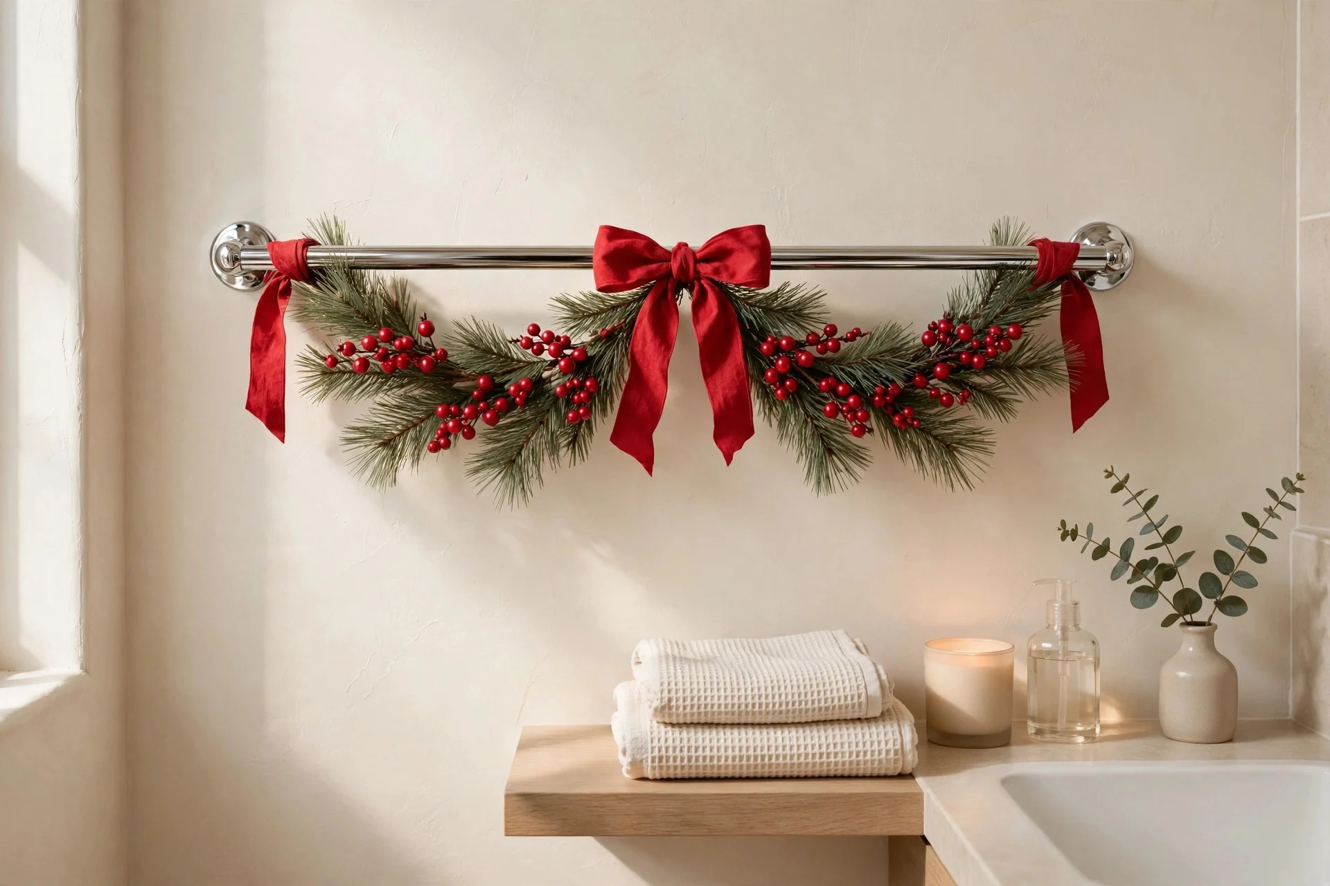Small faux garland swag with red berries draped over a bathroom towel bar