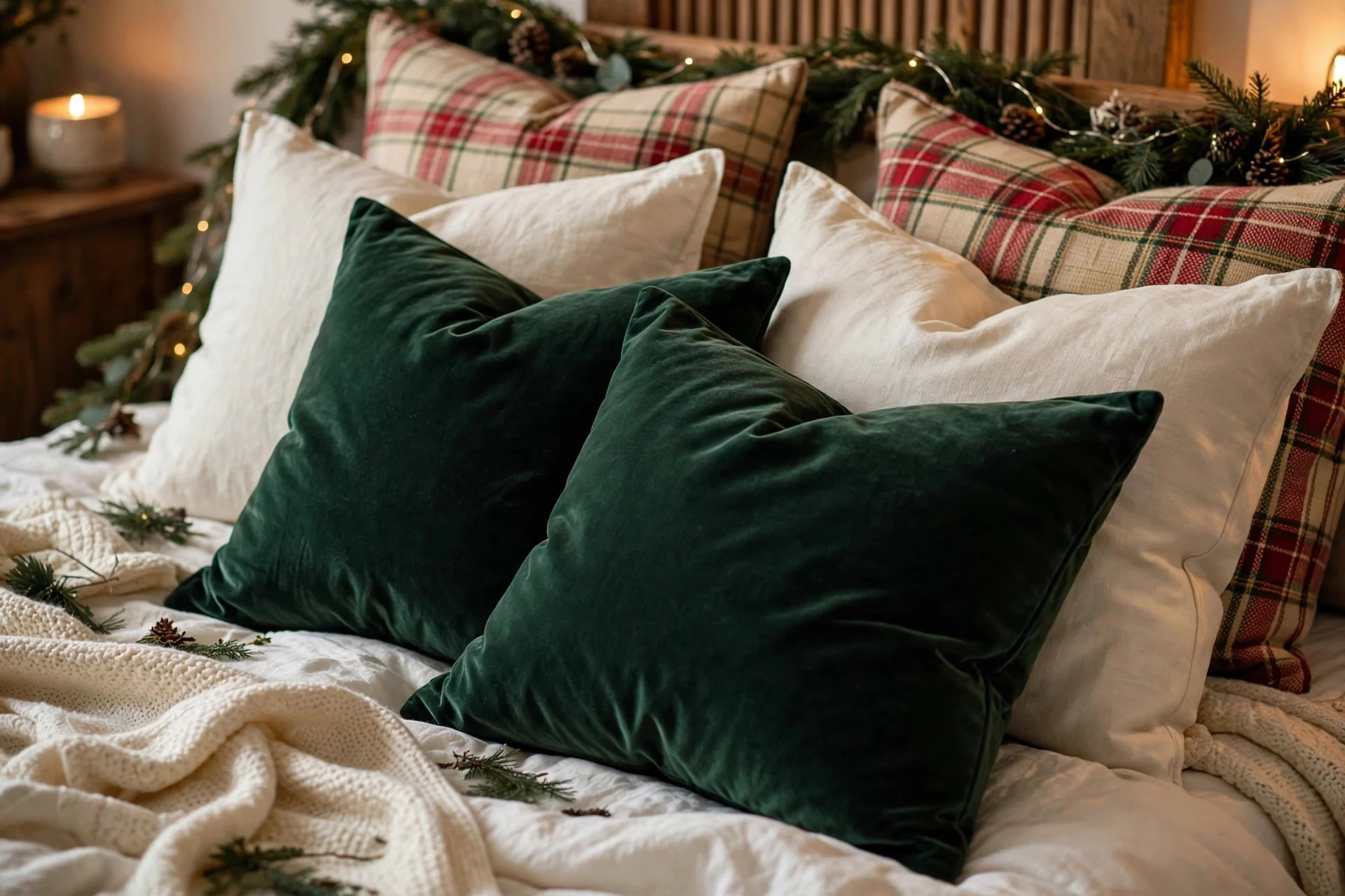 Deep green velvet throw pillows layered on cream Christmas bedding