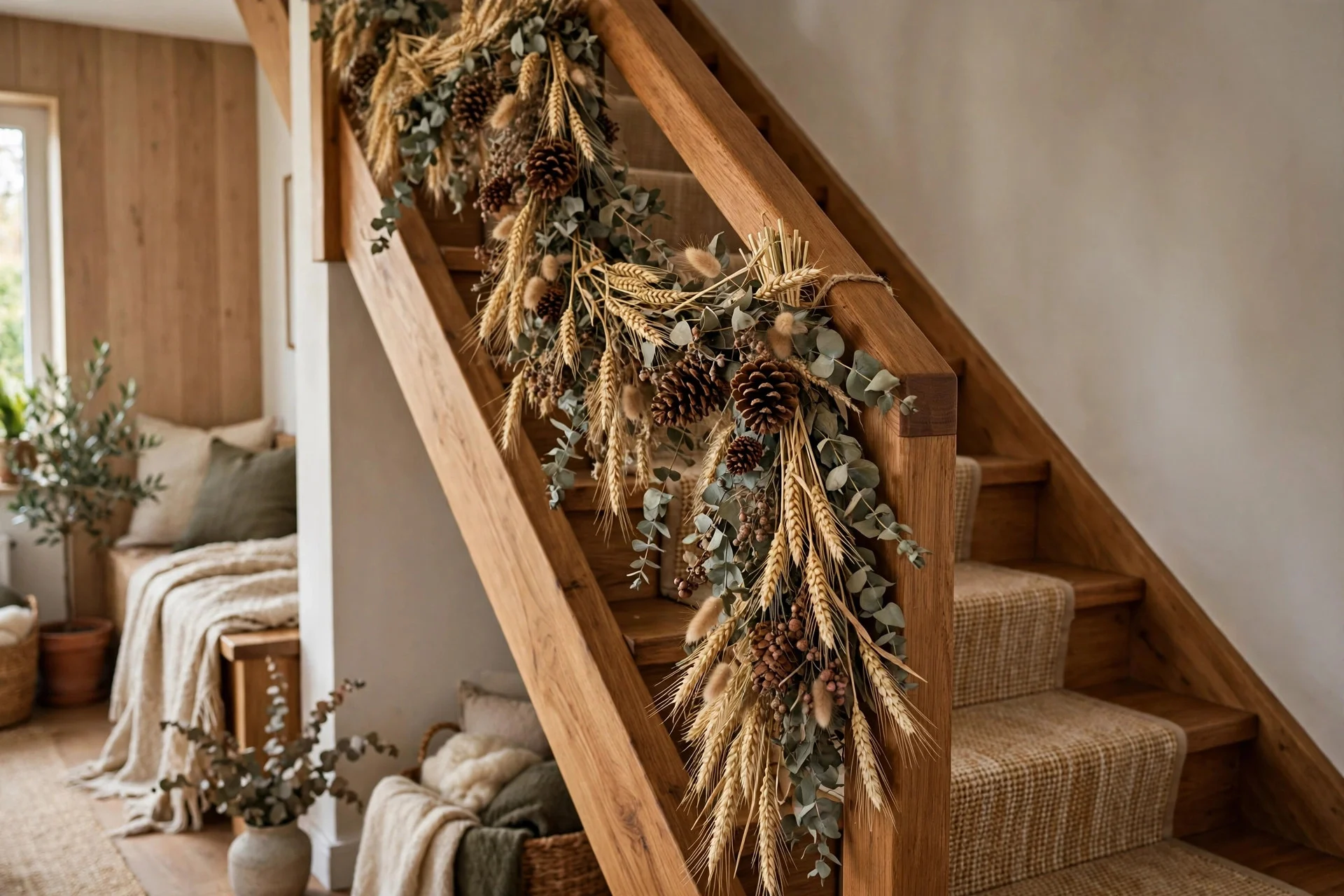 Staircase banister draped with dried wheat and eucalyptus harvest garland with pinecones
