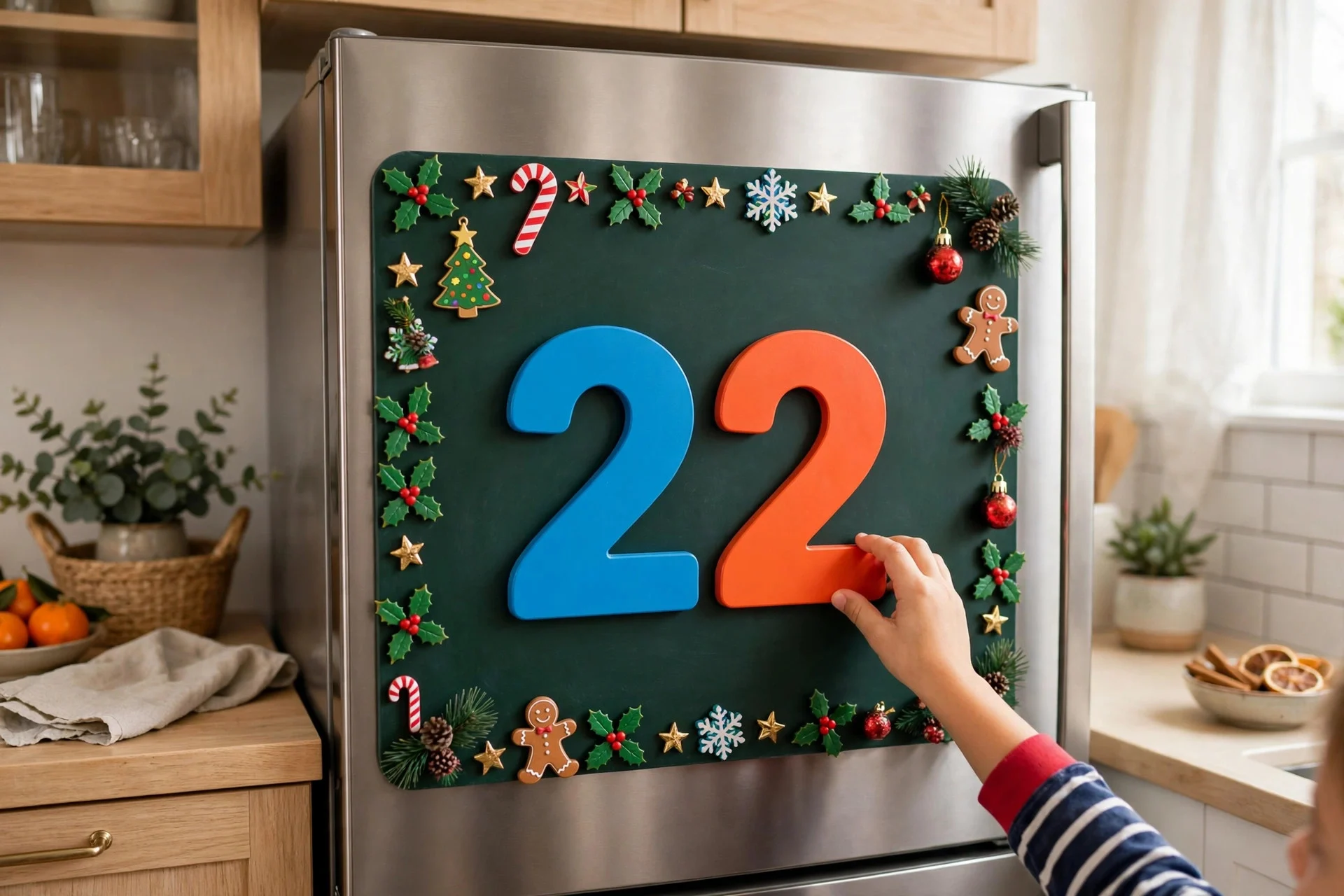 Magnetic Christmas countdown board on a fridge with children moving the numbers