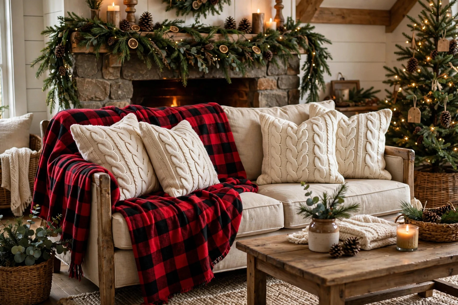 Farmhouse sofa layered with buffalo plaid throws and cozy Christmas pillows