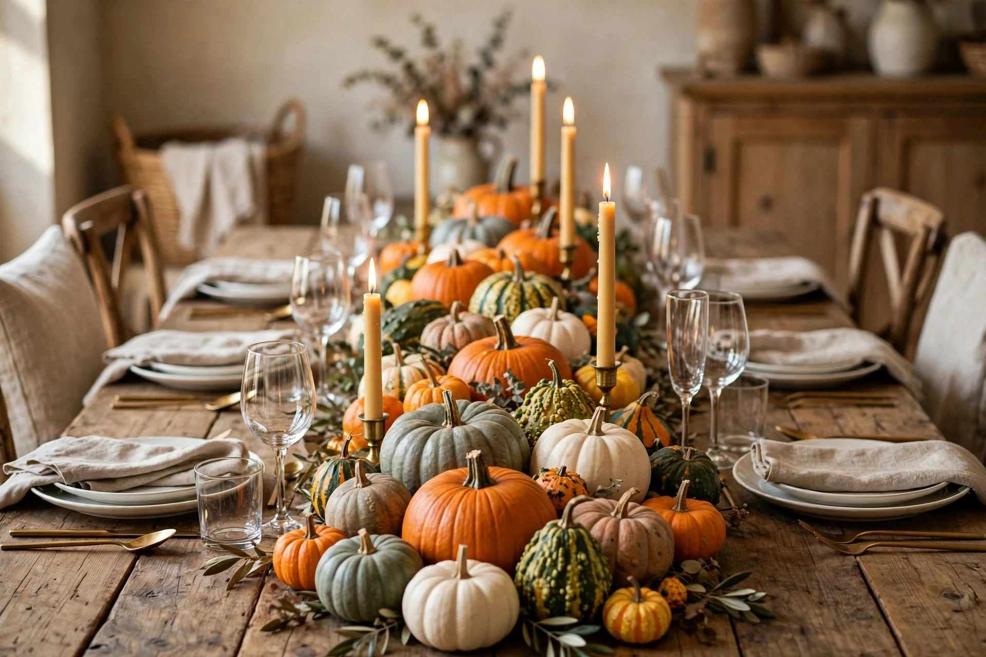 Long runner of real pumpkins and gourds in varying sizes down the center of a farmhouse dining table