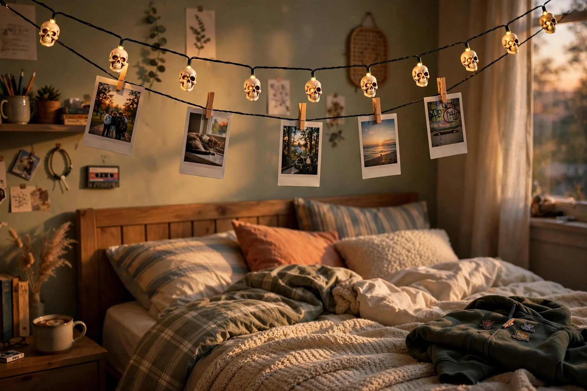 Teen bedroom with Halloween string lights