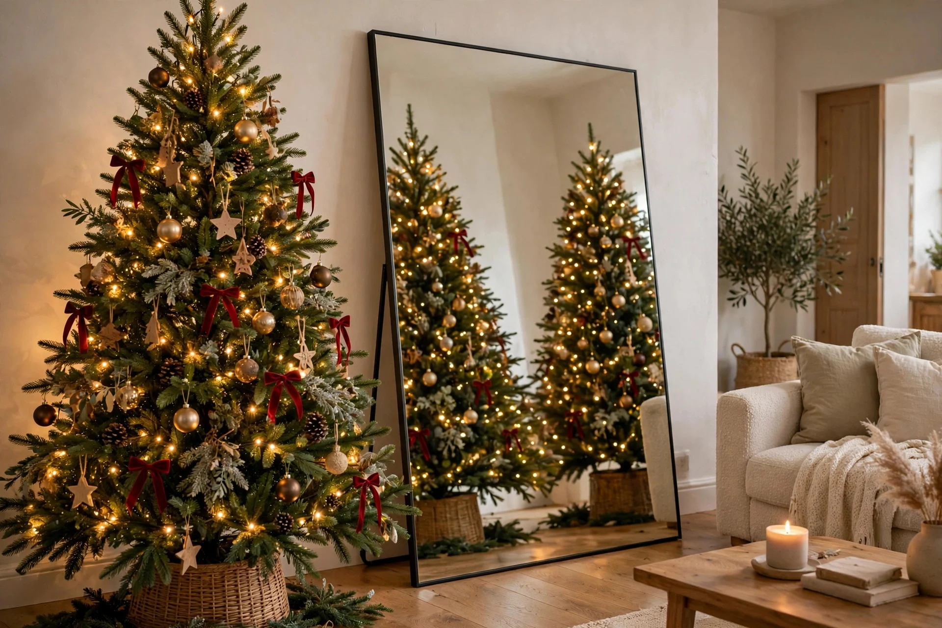 Christmas tree beside a large leaning mirror in a living room, the reflection making the room feel bigger