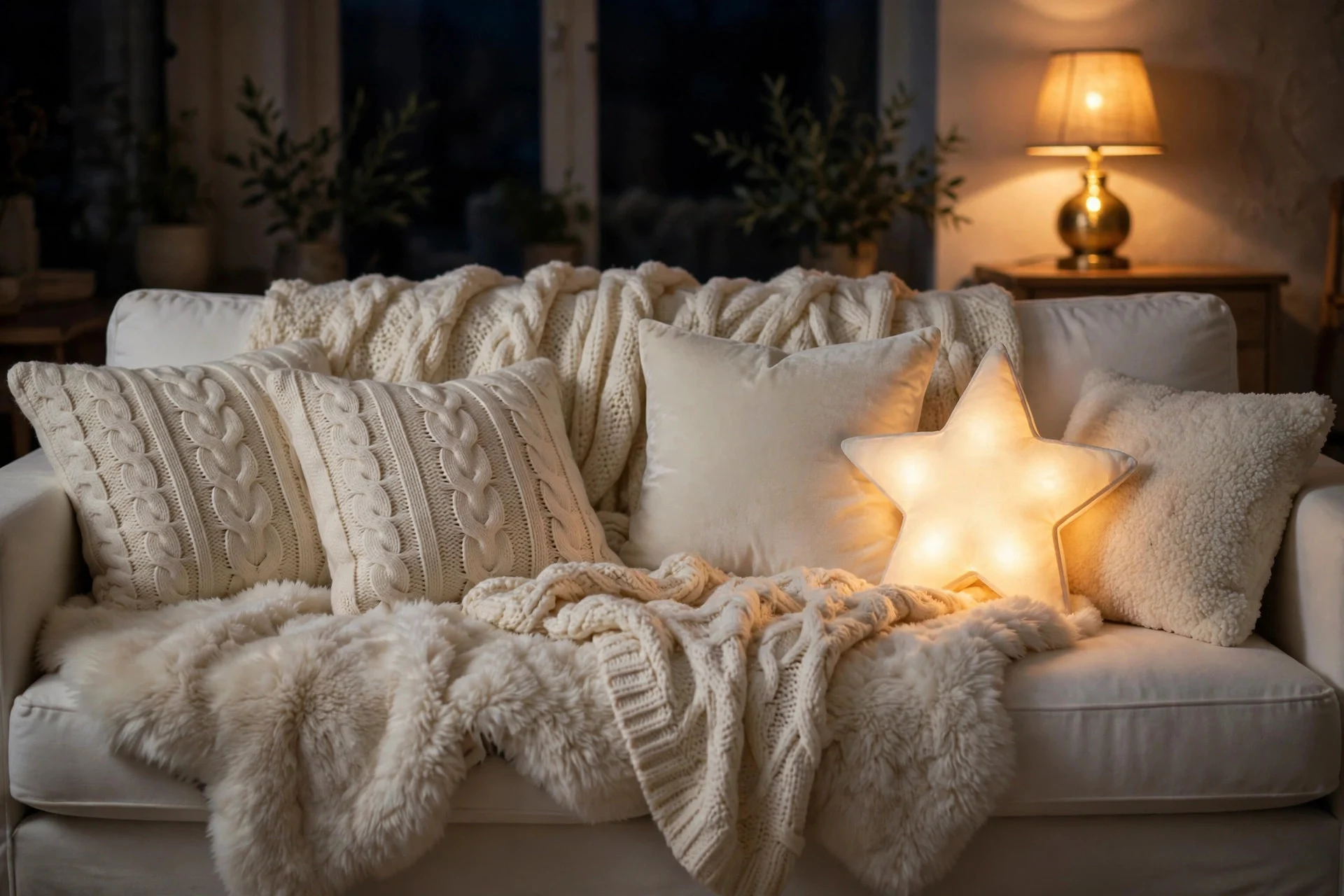White sofa layered with cream throws and a softly glowing star pillow at night
