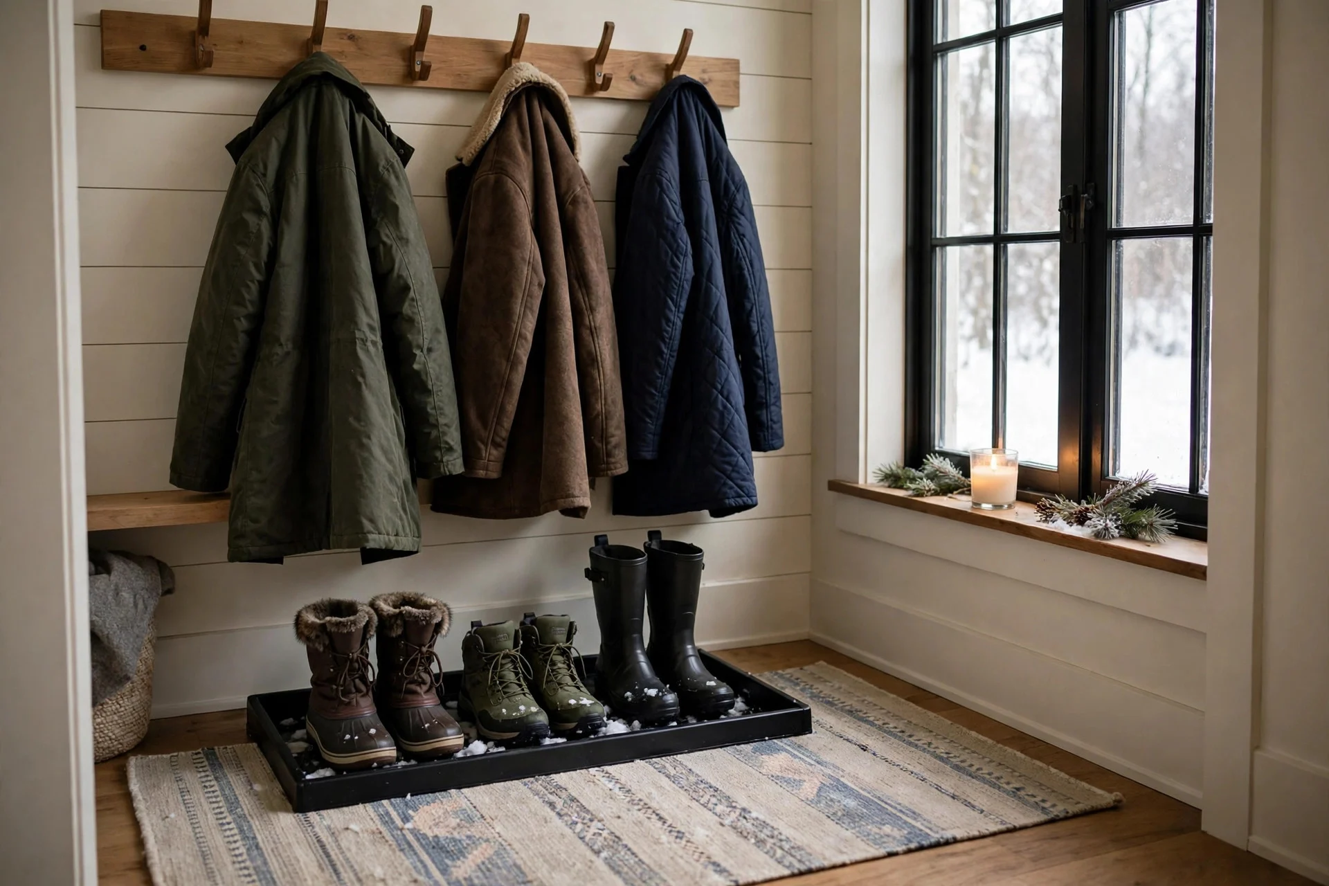 Entryway with a boot tray, warm runner rug and wall hooks styled for winter