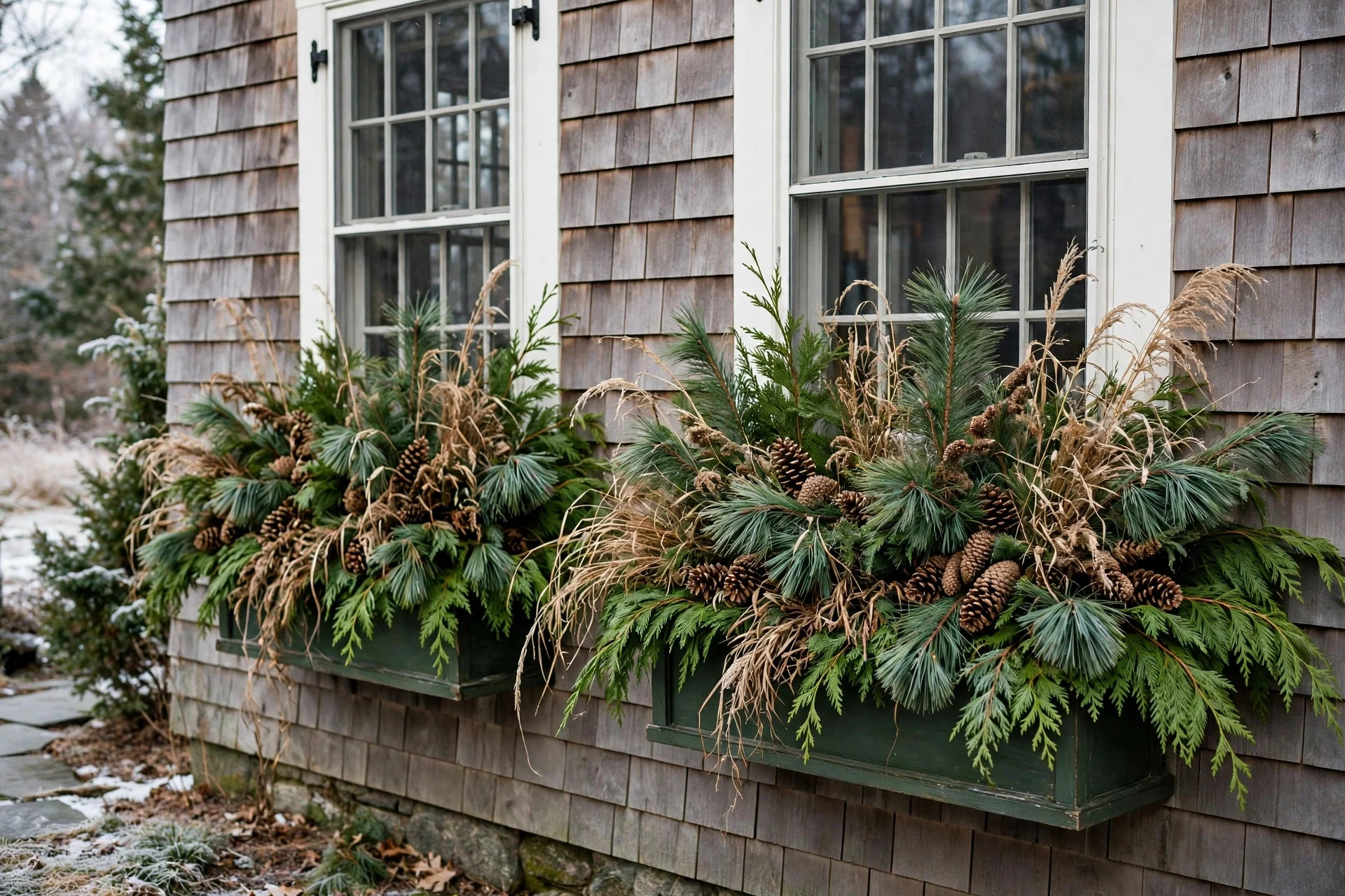 Window boxes filled with cedar boughs, dried grasses and pinecones in winter