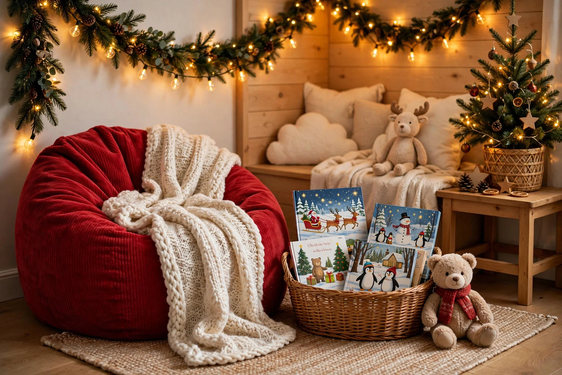Cozy Christmas reading nook with beanbag, string lights and children's books