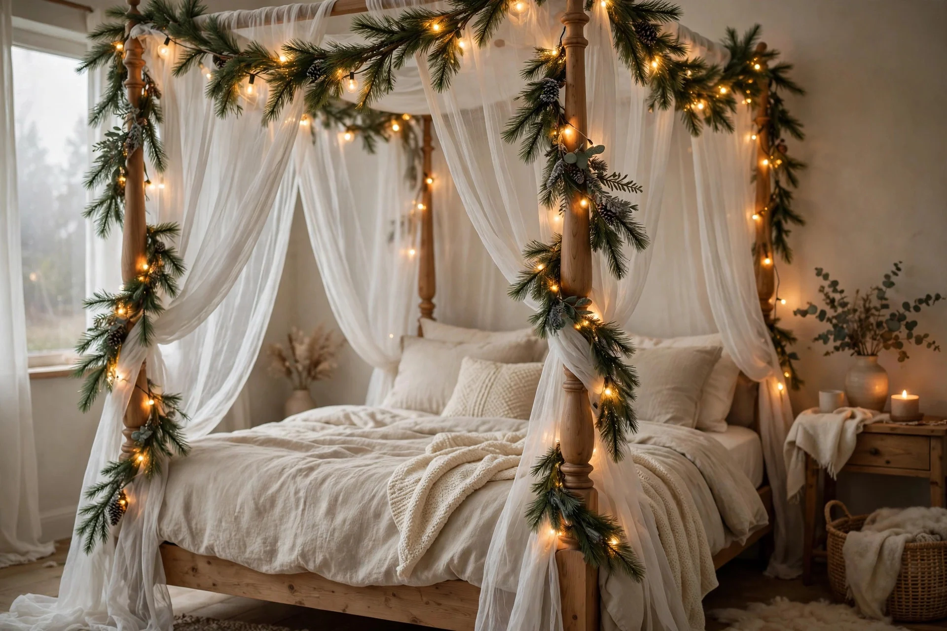 Bed canopy draped with sheer curtains and fresh pine garland