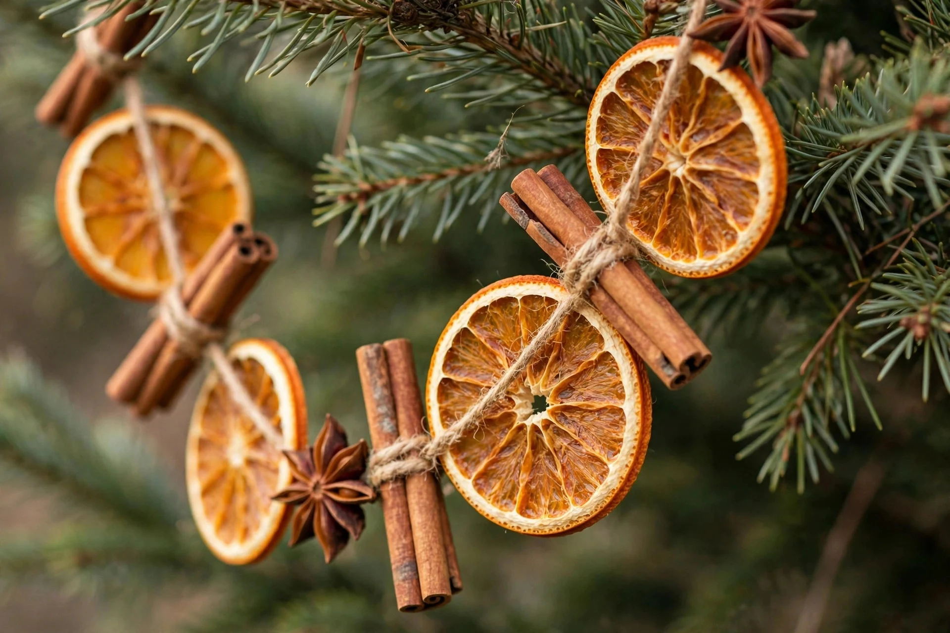 Garland of dried orange slices, cinnamon sticks and star anise on twine