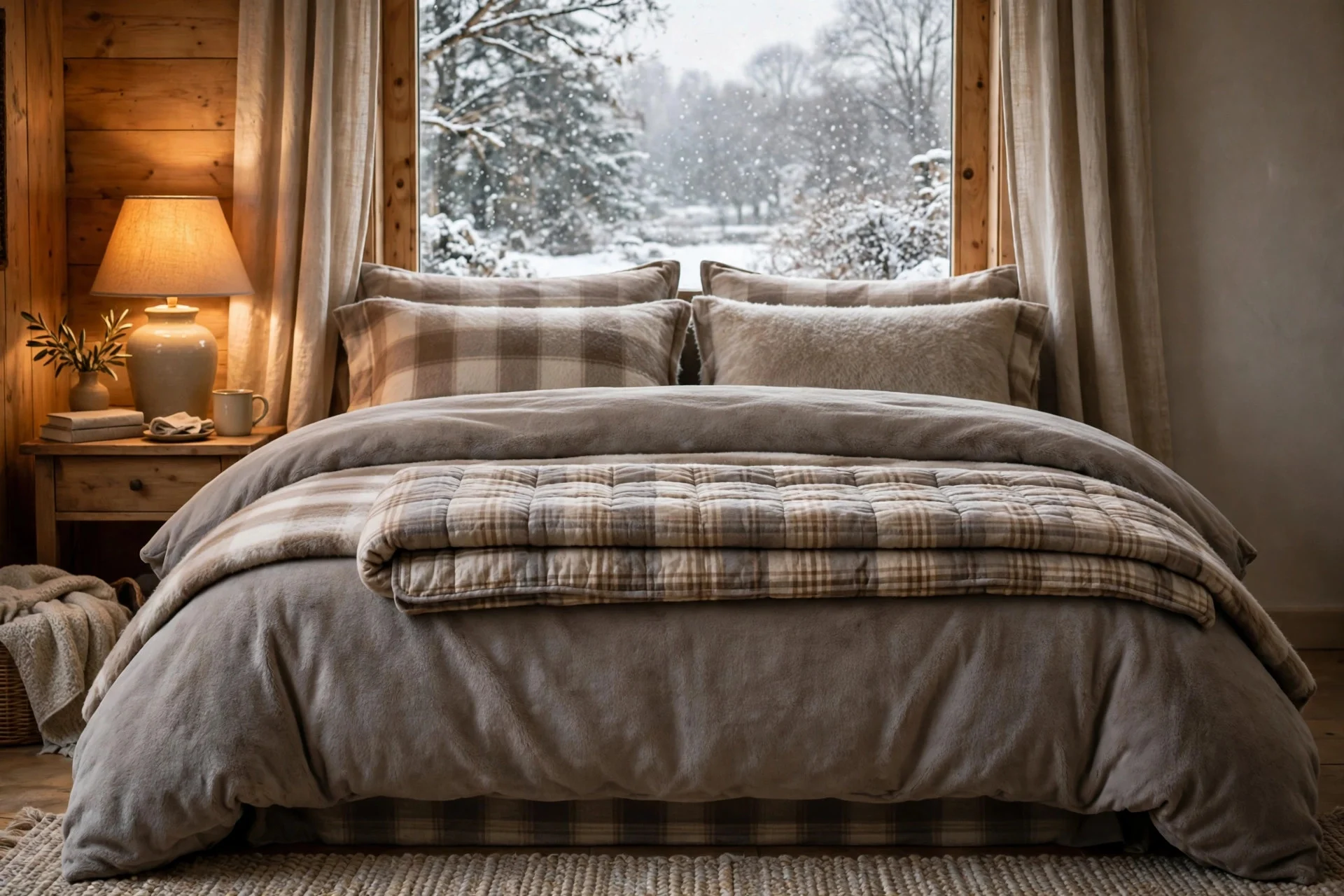 Bed dressed in flannel sheets and a thick duvet in warm neutrals for winter