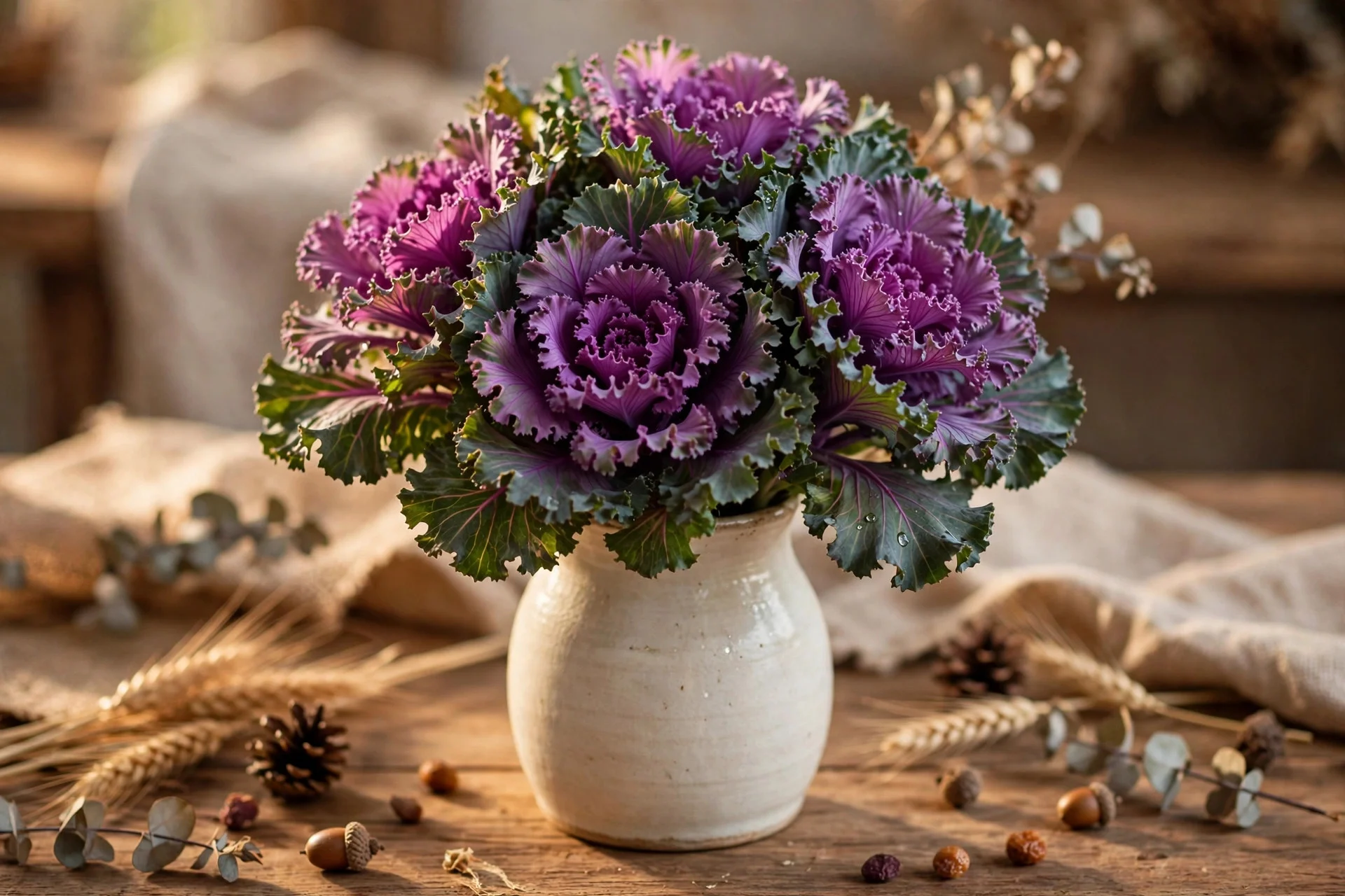 Ornamental purple kale arranged like a bouquet in a vase, budget Thanksgiving centerpiece
