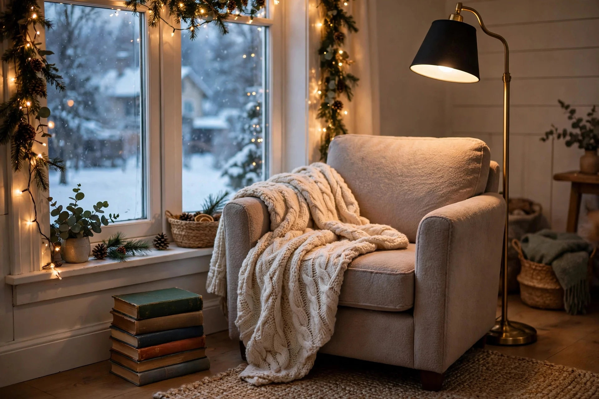 Cozy Christmas reading nook with an armchair, knit throw and twinkle lights by the window