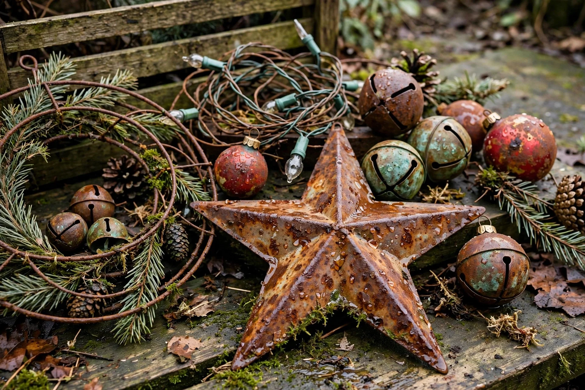 Rusty outdoor Christmas decorations with corrosion after being stored damp