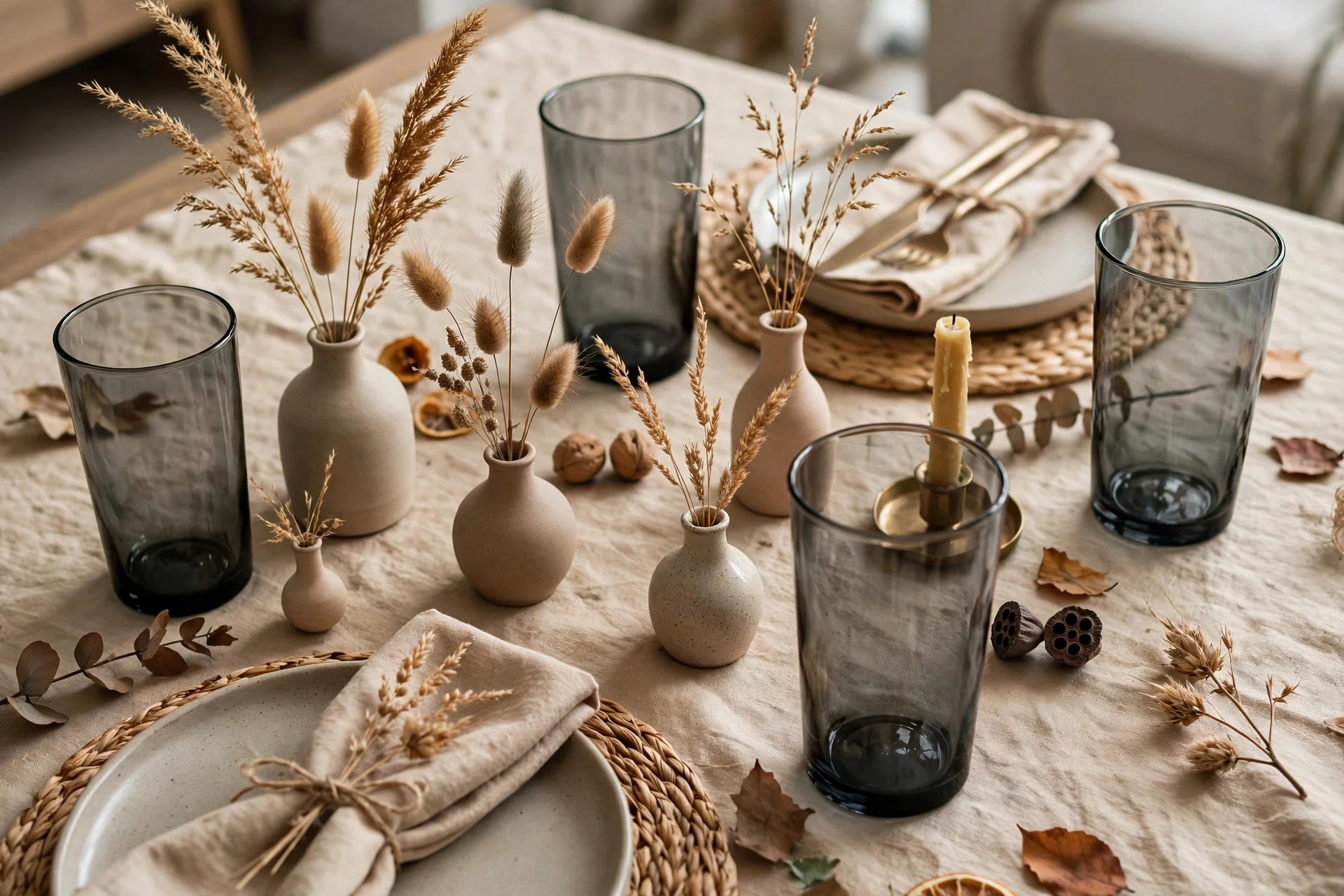 Modern fall table setting with smoked gray glassware on warm beige linen with dried grass stems