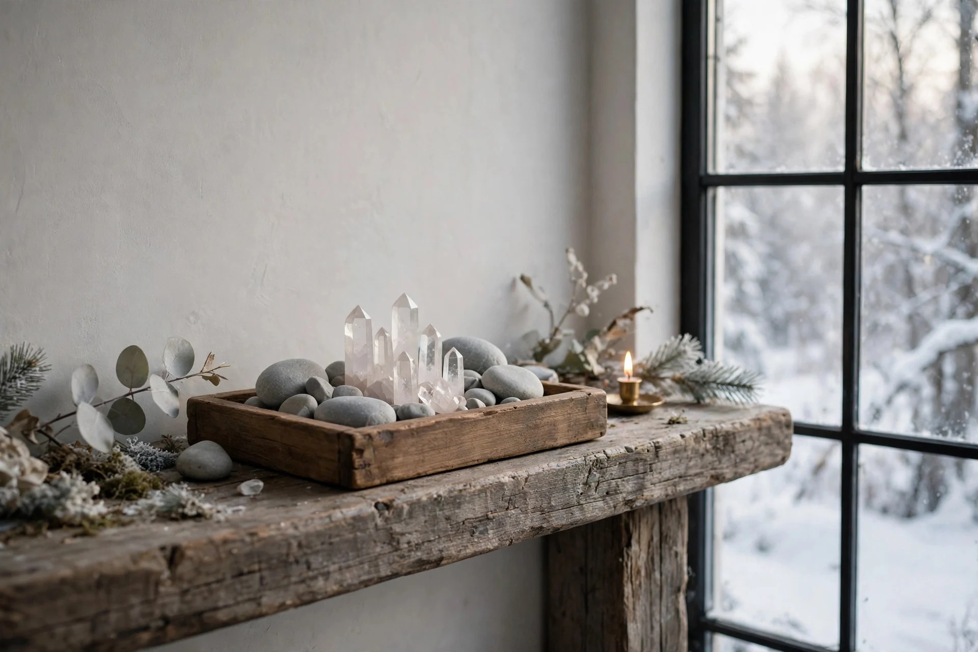 Pale quartz and stone specimens arranged on a mantel with a small candle