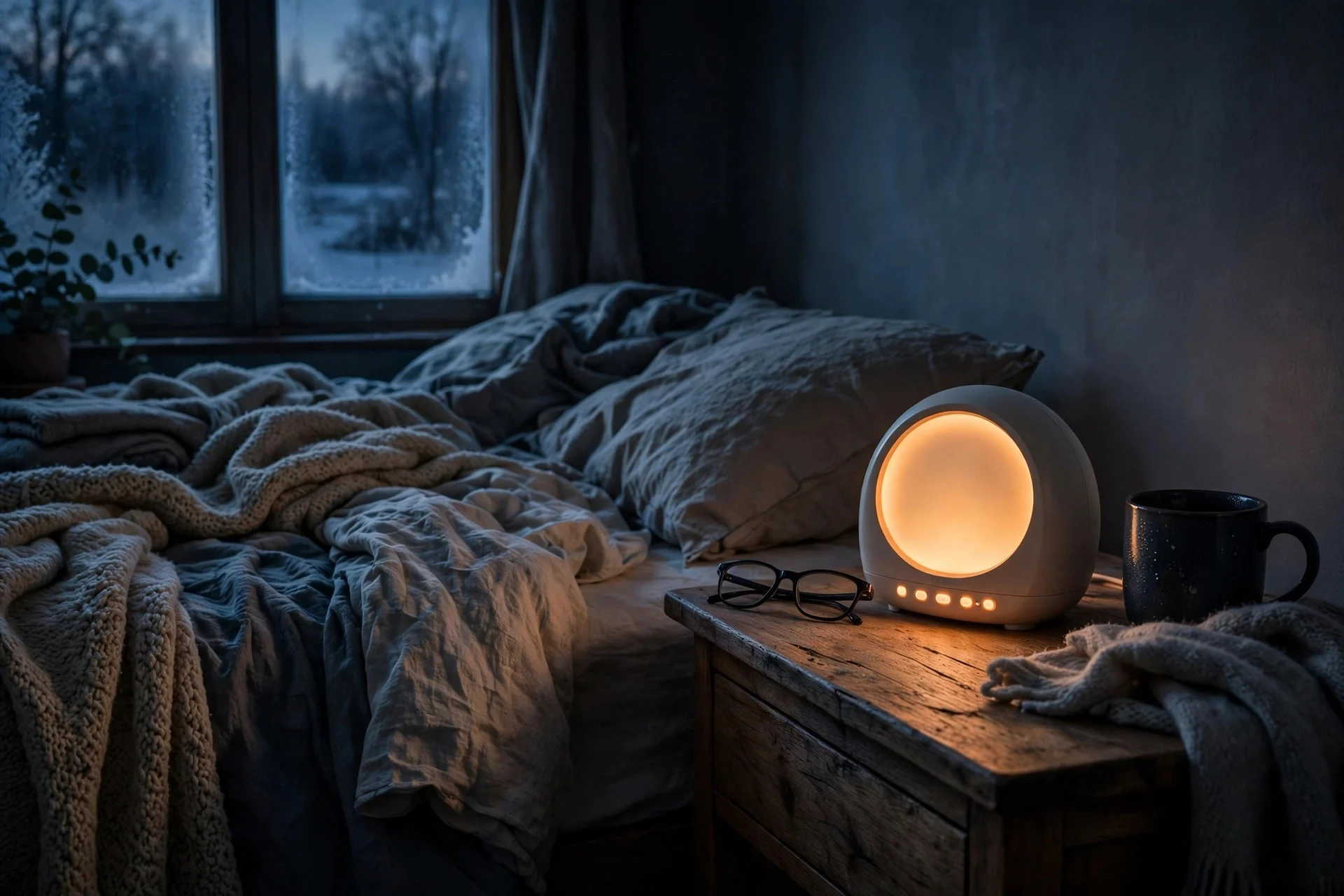 Sunrise alarm clock glowing softly on a nightstand in a dark winter bedroom