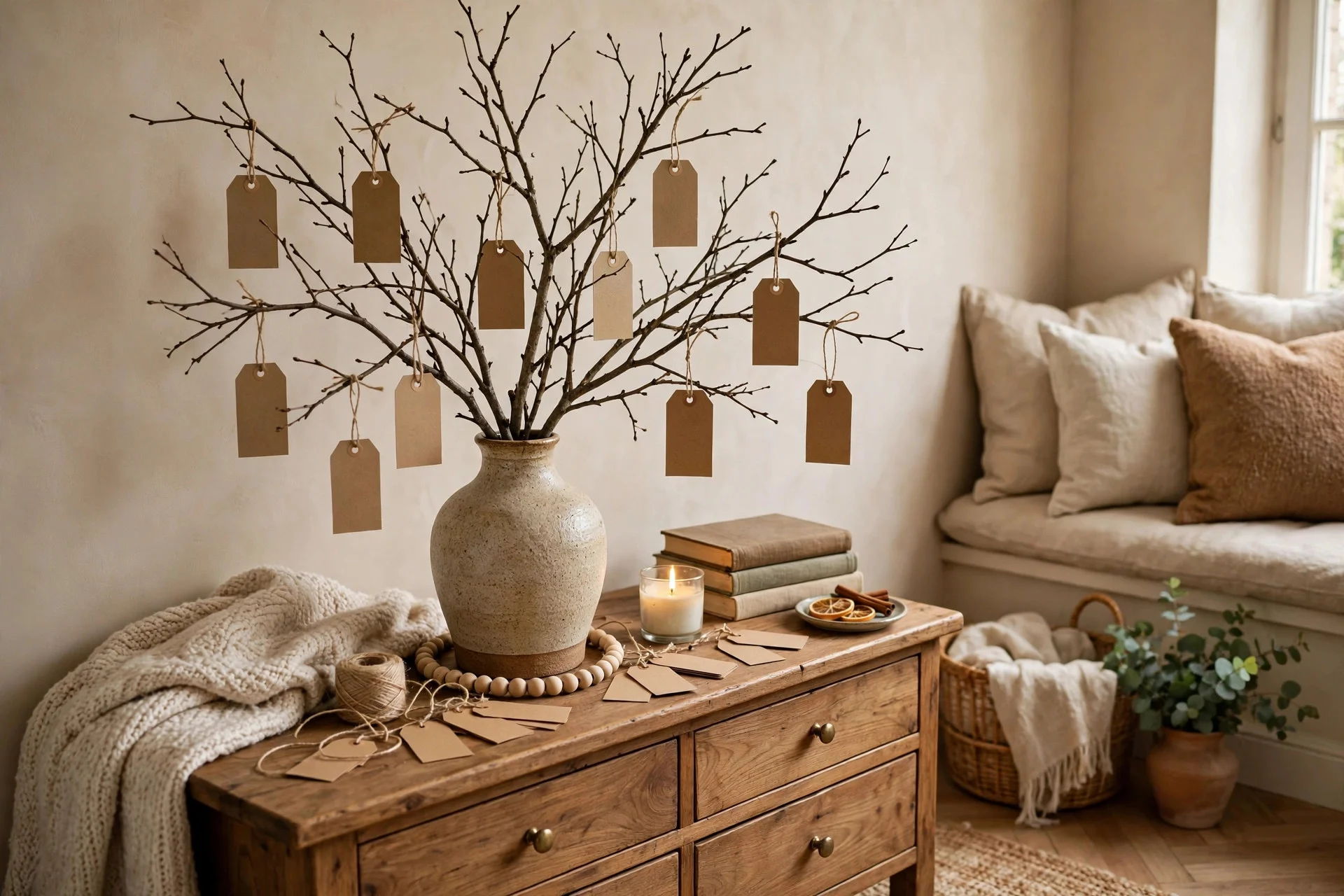 Thankful tree with kraft paper gratitude tags on a console table for Thanksgiving