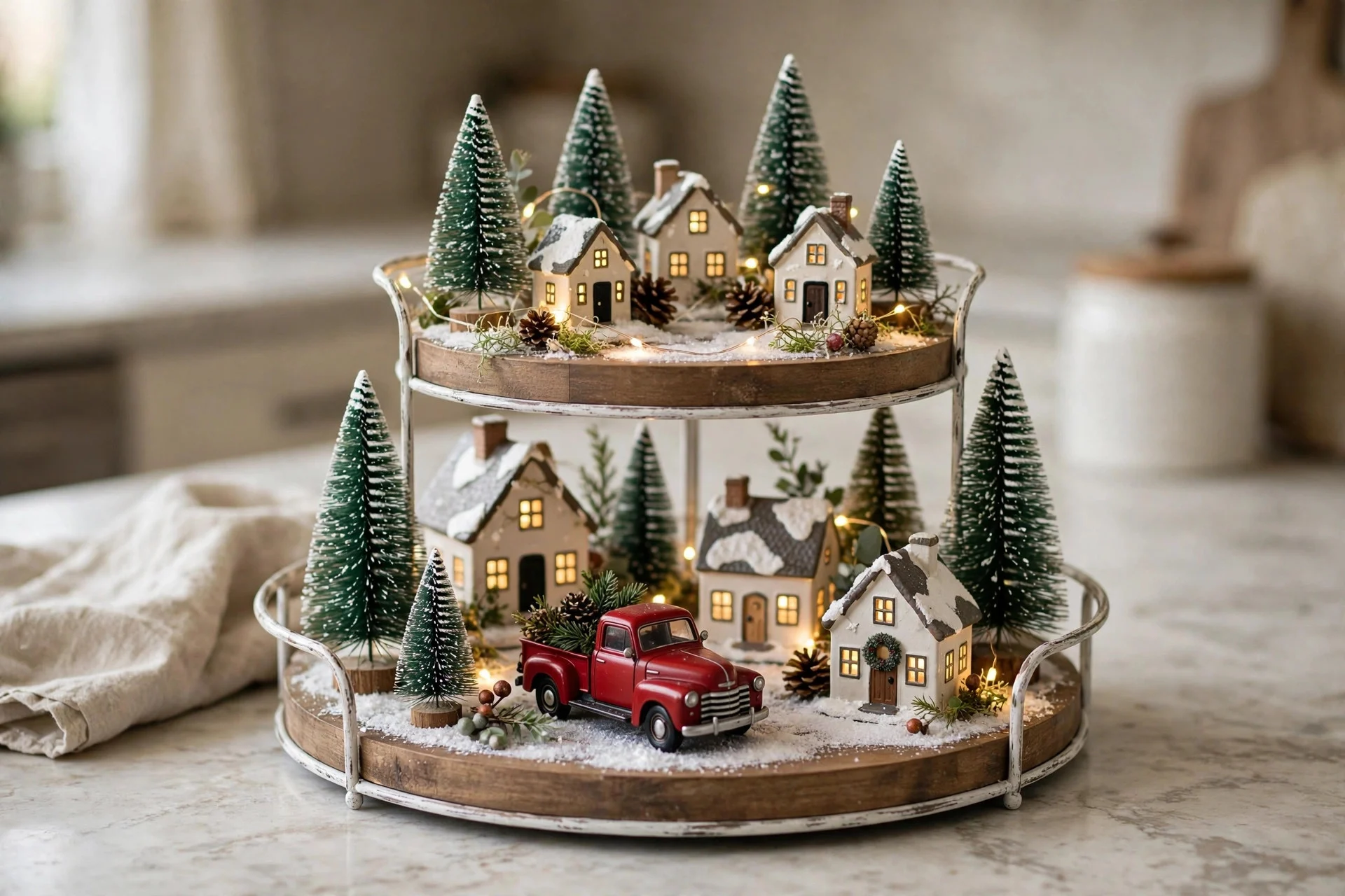 Two-tiered tray styled with mini farmhouse Christmas houses, trees and a tiny truck