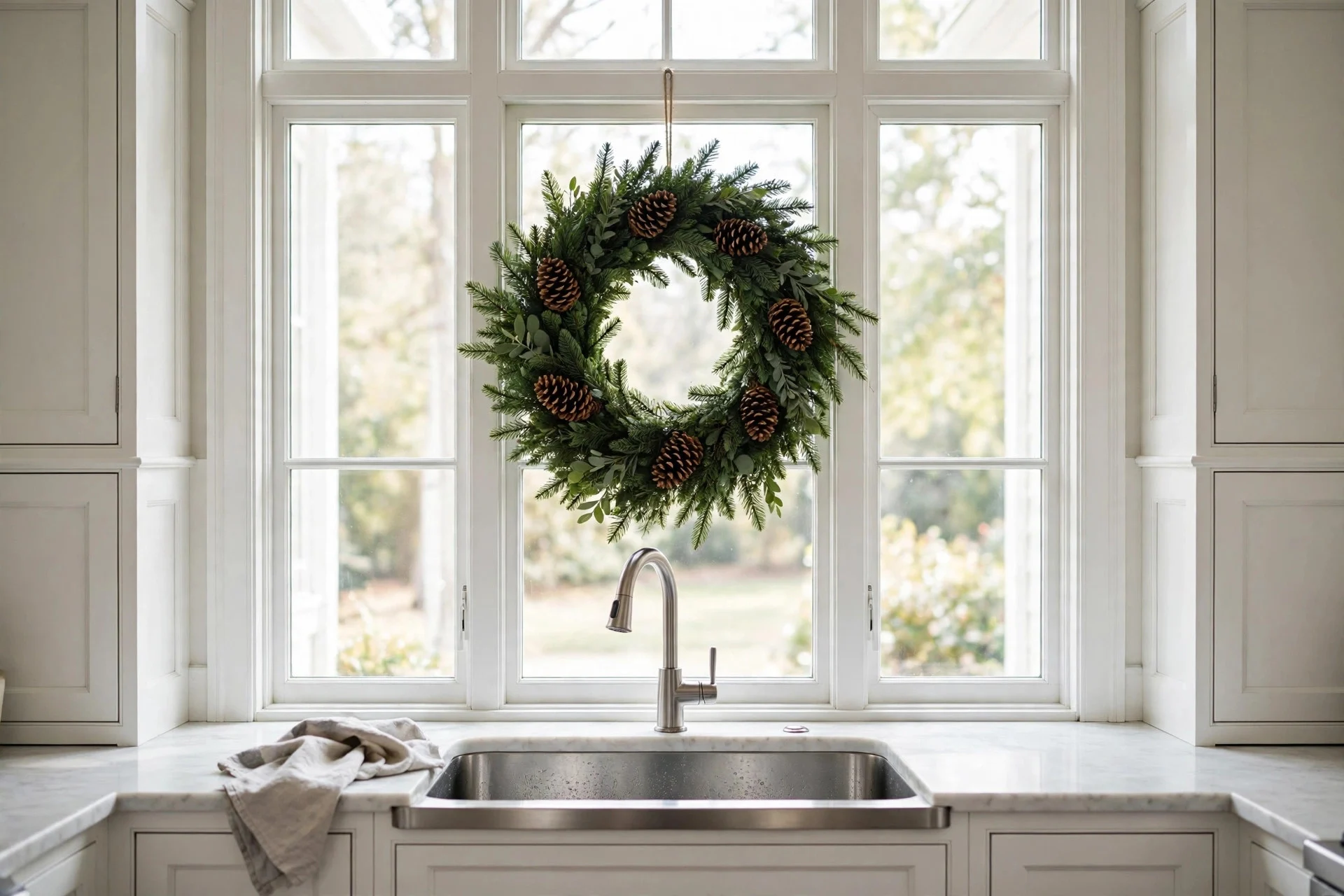 Green wreath with pinecones hanging in the center of a kitchen window above the sink