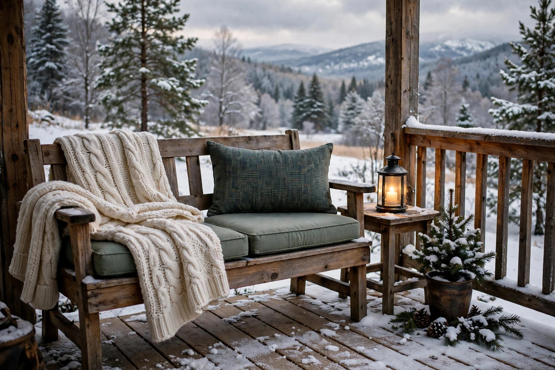 Wooden porch bench styled with outdoor cushions and folded throws in winter fabrics